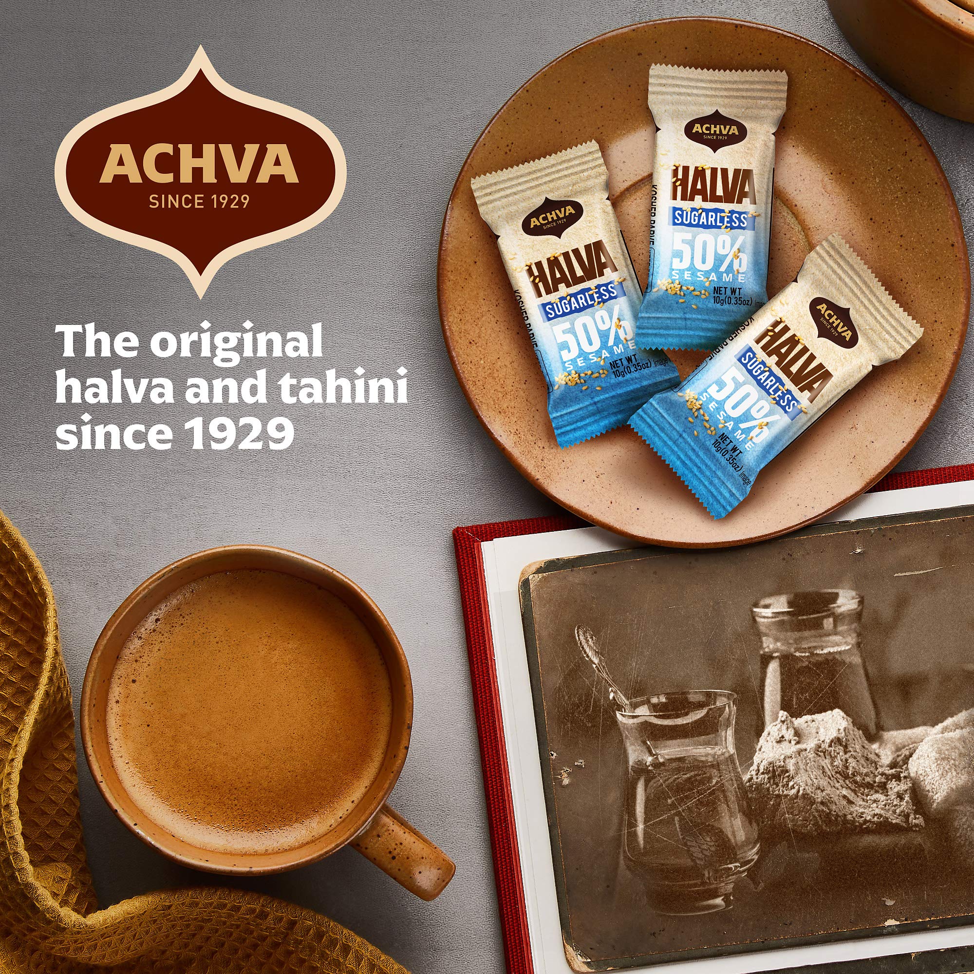 Sugar-Free Halva Tahini Bar Mini Snacks - 15-Pack Vanilla Flavor Halvah Bites | Vegan, Gluten-Free, Kosher, Lactose-Free Snacks by Achva (12g Each) | Perfect for On-the-Go, Office Snacks & Healthy Desserts