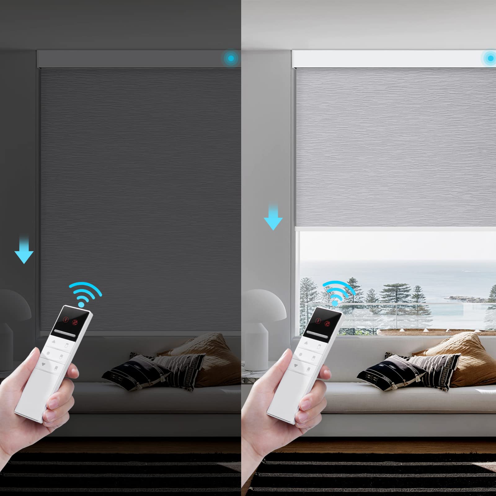 Motorized Blackout Window Blinds - Custom Width (21-97 inches) with Remote Control, Wireless & Rechargeable Roller Shades for Home, Office, Hotel - Full Blackout Gray - Perfect for Light-Sensitive Sleepers & Privacy Protection