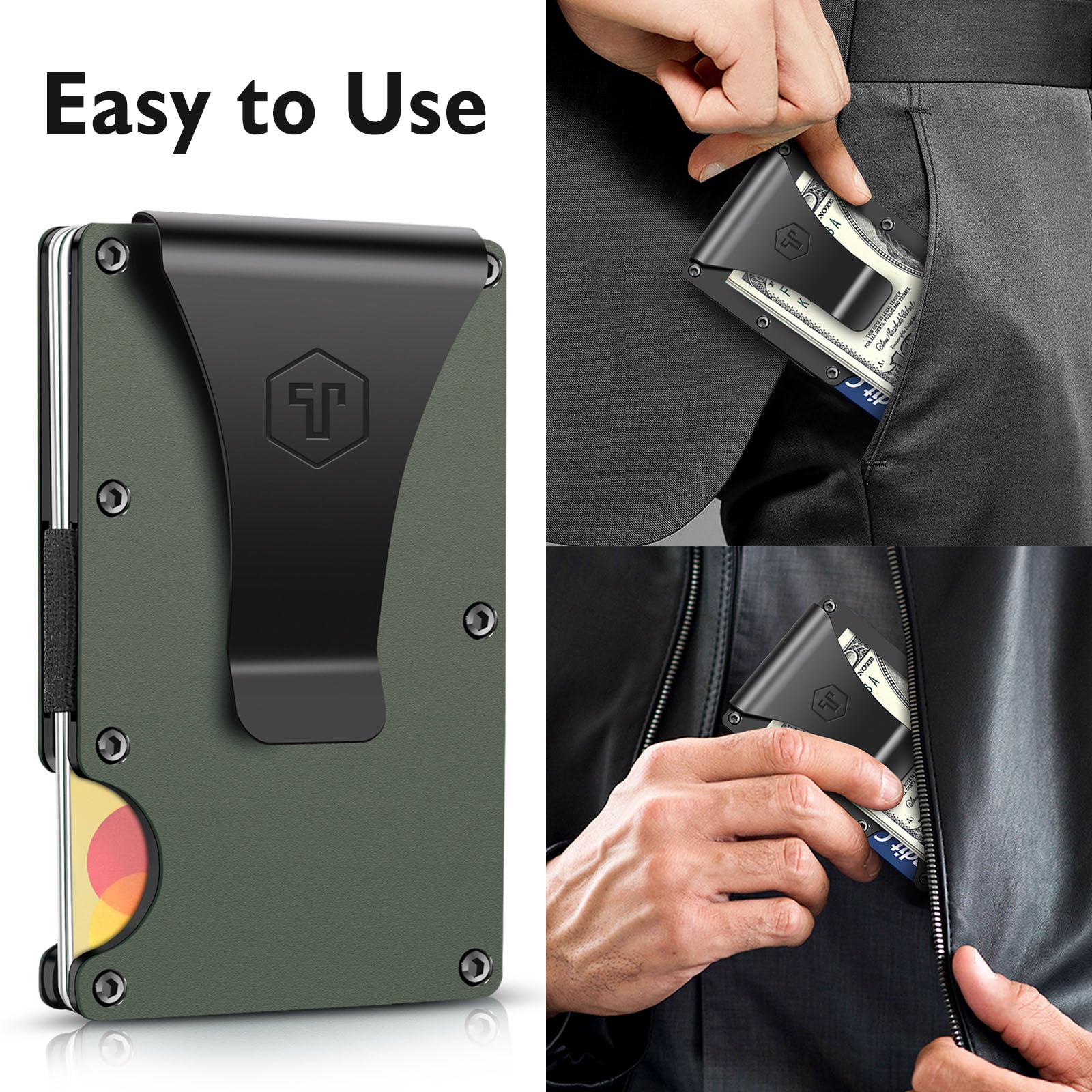 OTO Minimalist Slim Money Clip Wallet for Men - RFID Blocking Carbon Fiber & Aluminum Metal Credit Card Holder (Army Green) | Perfect for Travel, Business & Everyday Carry