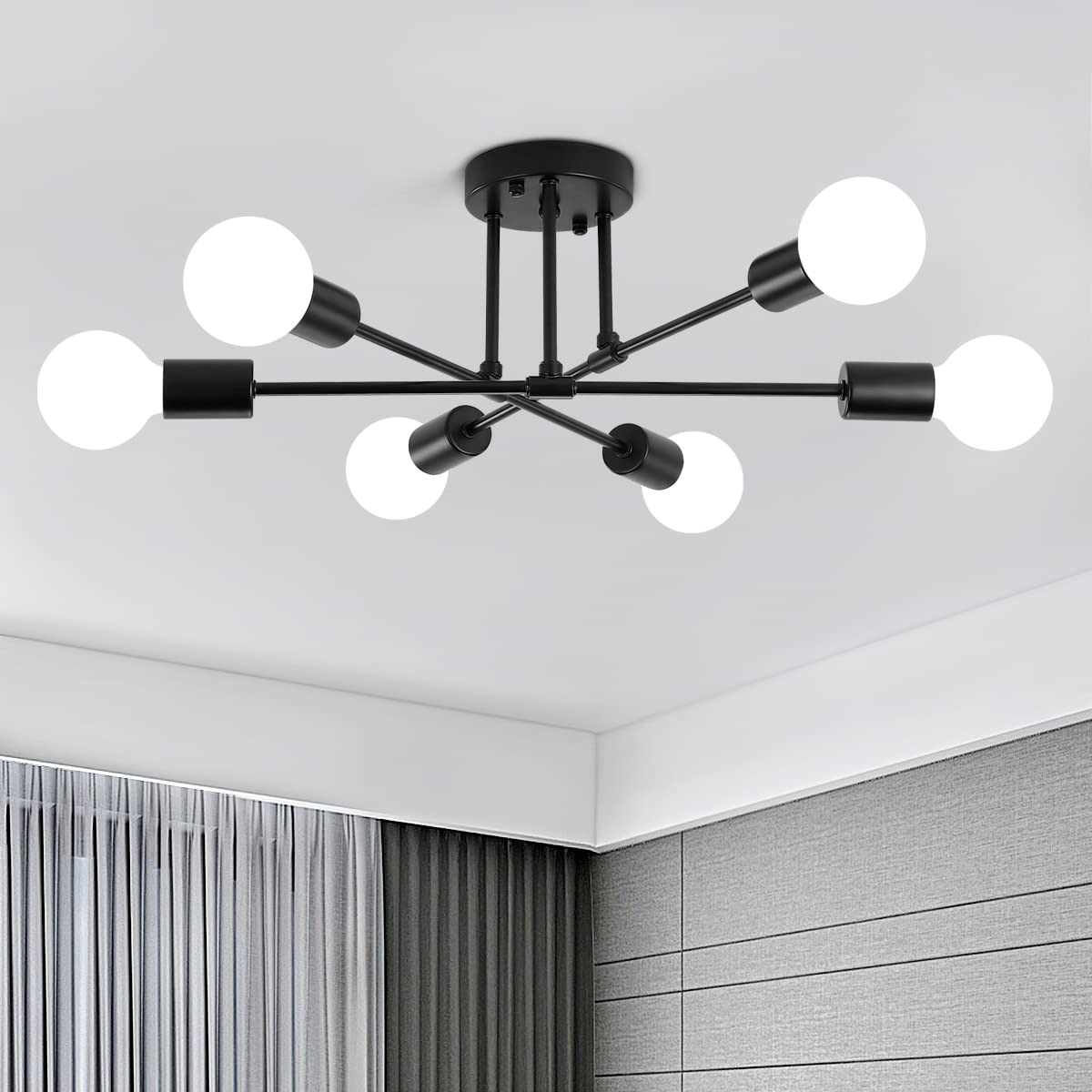 6-Light Modern Black Sputnik Chandelier - Semi Flush Mount Ceiling Light Fixture for Bedroom, Living Room, Kitchen & Bathroom - Boho Style Lighting for Home Decor & Interior Design