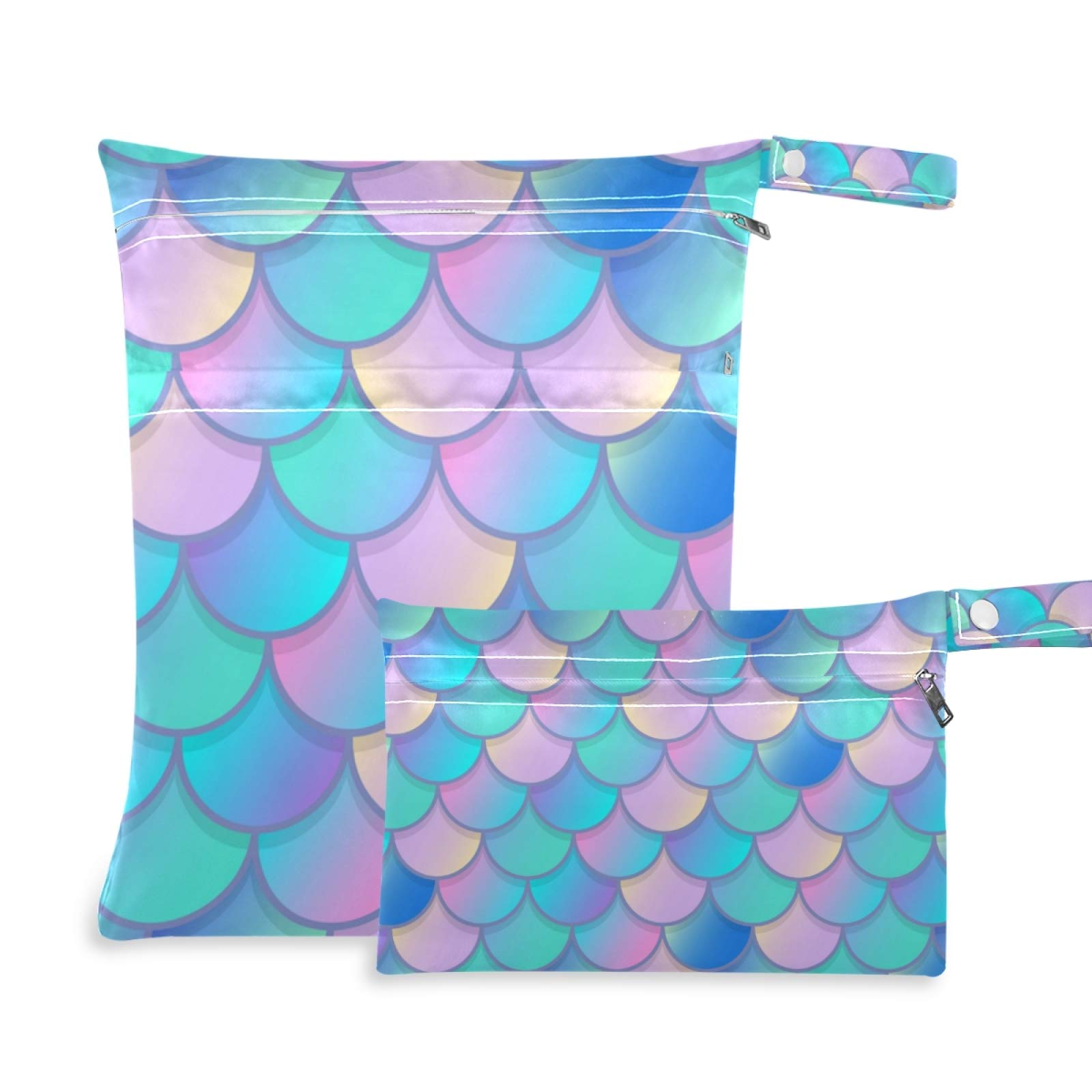 Qilmy 2-Pack Waterproof Reusable Wet Dry Bags - Mermaid Scale Design for Baby Diapers, Swimwear & Toiletries | Perfect for Travel, Beach, Pool, Stroller & Daycare Organization