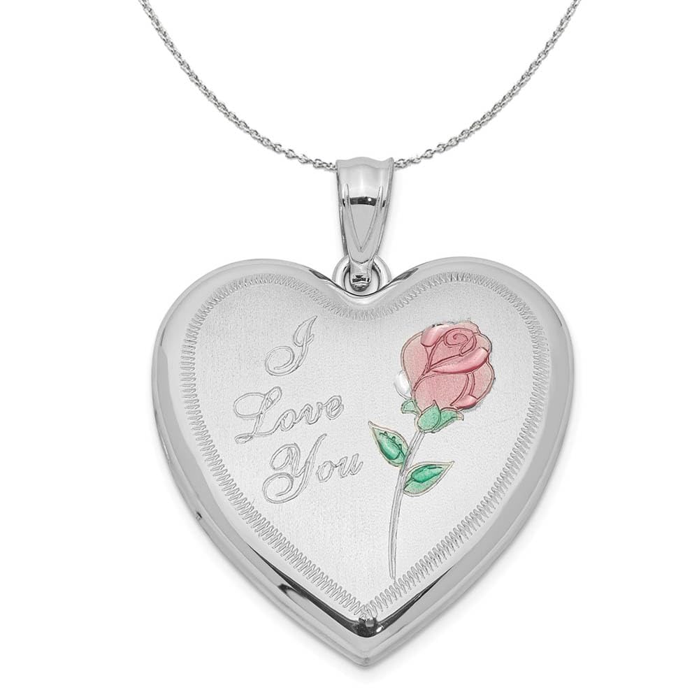 The Black Bow Sterling Silver Enamel 24mm 'I Love You' Rose Heart Locket Necklace – Perfect for Romantic Gifts and Special Occasions