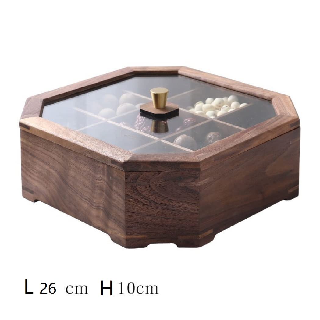 9-Compartment Snack Storage Box - Solid Black Walnut Wood Collectible Case with Glass Lid for Candy, Nuts, and Treats | Perfect for Home, Office, and Party Serving Tray