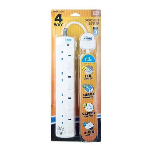 DE 284 LED 4-Way Socket Strip with Surge Protection - 6M/19.7ft Extension Cord for Home, Office & Workshop Lighting