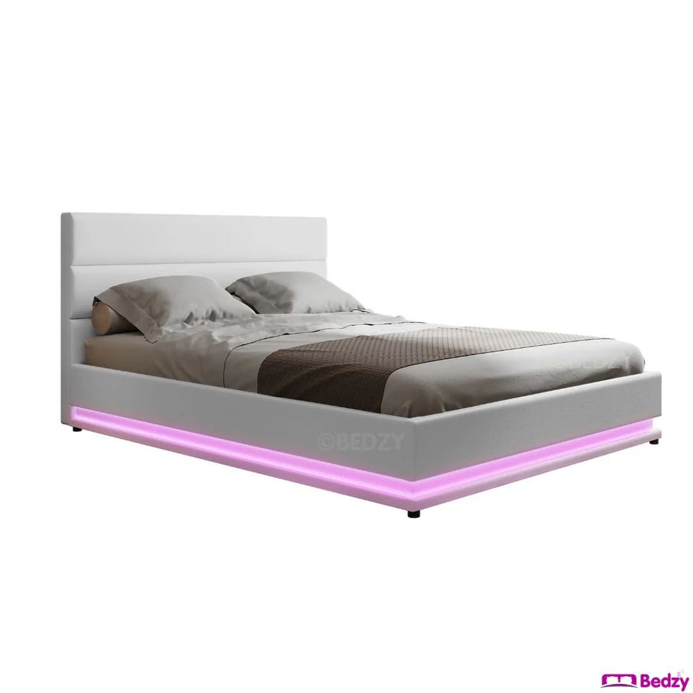 Henley Double Gas Lift Storage Bed Frame with LED Lights - White | Modern Platform Bed with Hidden Storage & Adjustable Lighting for Bedroom