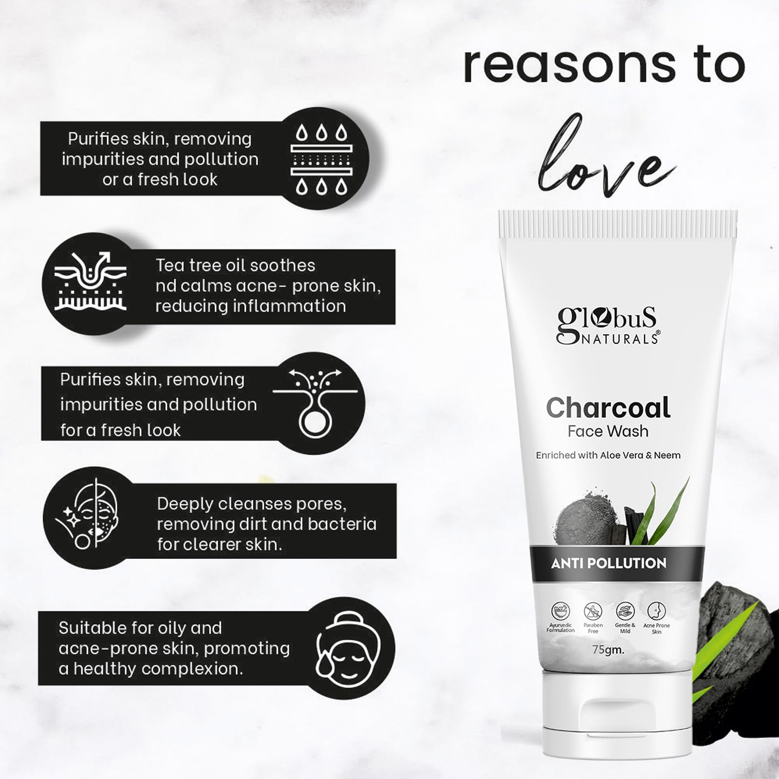 Globus Naturals Anti-Pollution Charcoal & Tea Tree Oil Face Wash for Oily & Acne-Prone Skin - 75g (Pack of 2) | Deep Cleansing, Detoxifying & Oil Control for Daily Skincare Routine