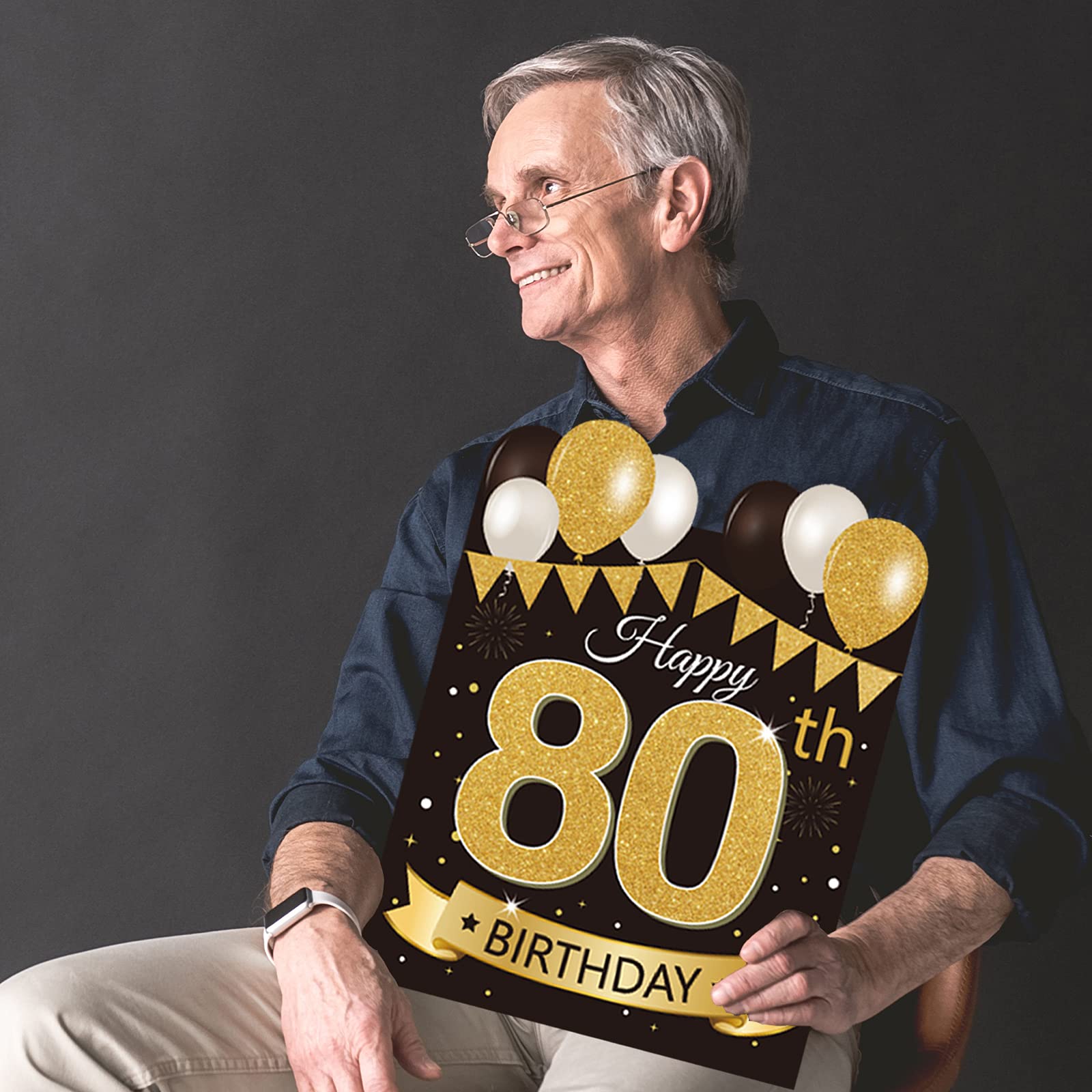 Large Happy 80th Birthday Party Yard Sign - Black & Gold 80th Birthday Lawn Decor with Stakes | Outdoor Celebration Decorations for Anniversary, Retirement & Milestone Events