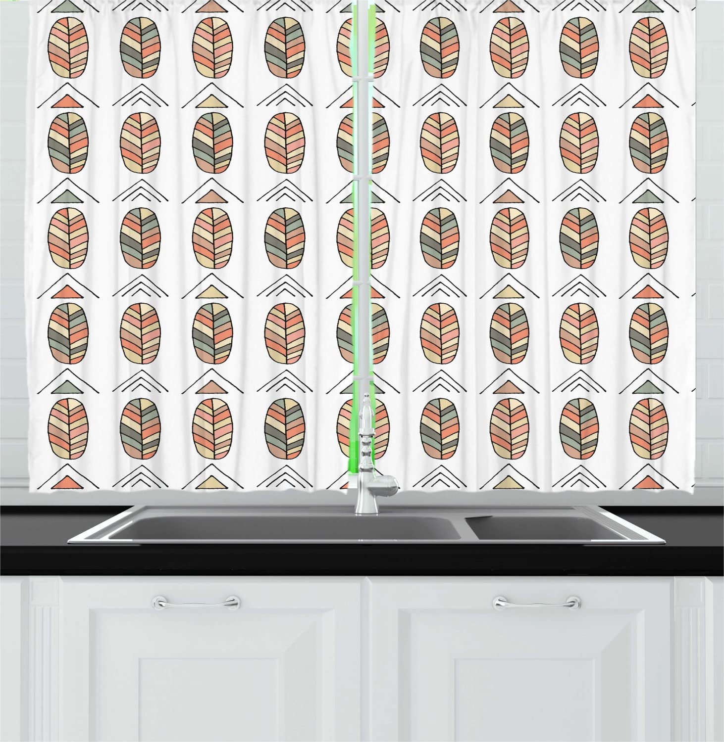 Ambesonne Salmon Kitchen Curtains - Hand Drawn Abstract Leaf Design, 2 Panel Rod Pocket Drapes, 55