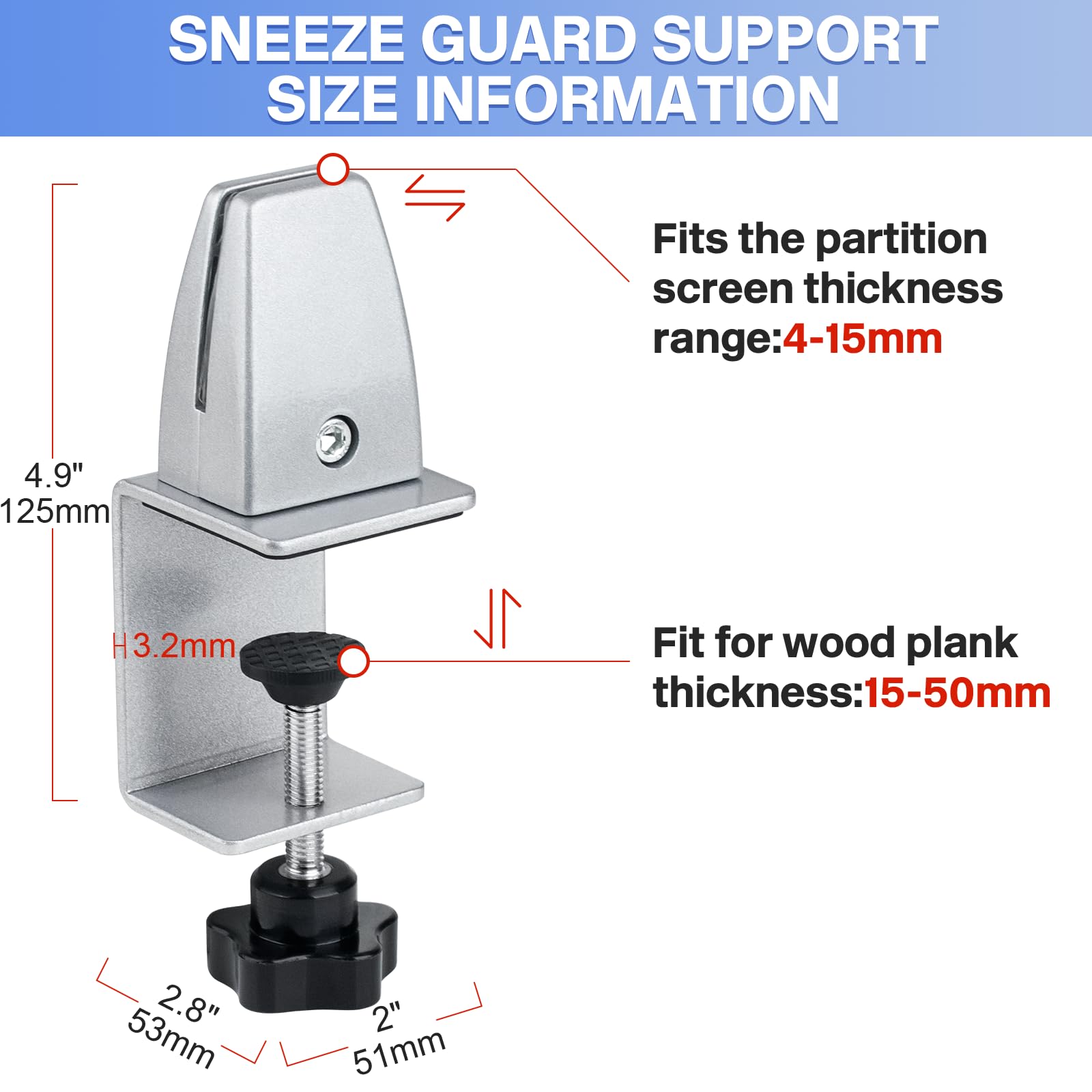4 Pack Adjustable Aluminum Sneeze Guard Clamps - Acrylic Desk Divider Supports for Counter Privacy Shields | Perfect for Office Workstations, Restaurant Counters & Retail Checkout Areas
