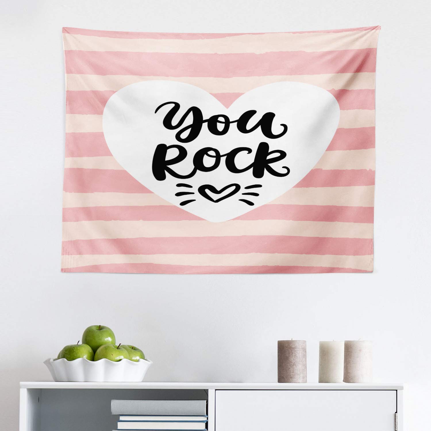 Ambesonne You Rock Tapestry Wall Art - Pink Champagne Cursive Typography on Striped Fabric - 28x23 Inch Bohemian Home Decor for Bedroom, Living Room, Dorm | Perfect for Music Lovers, Teen Girls Room & Hippie Style Interior Design