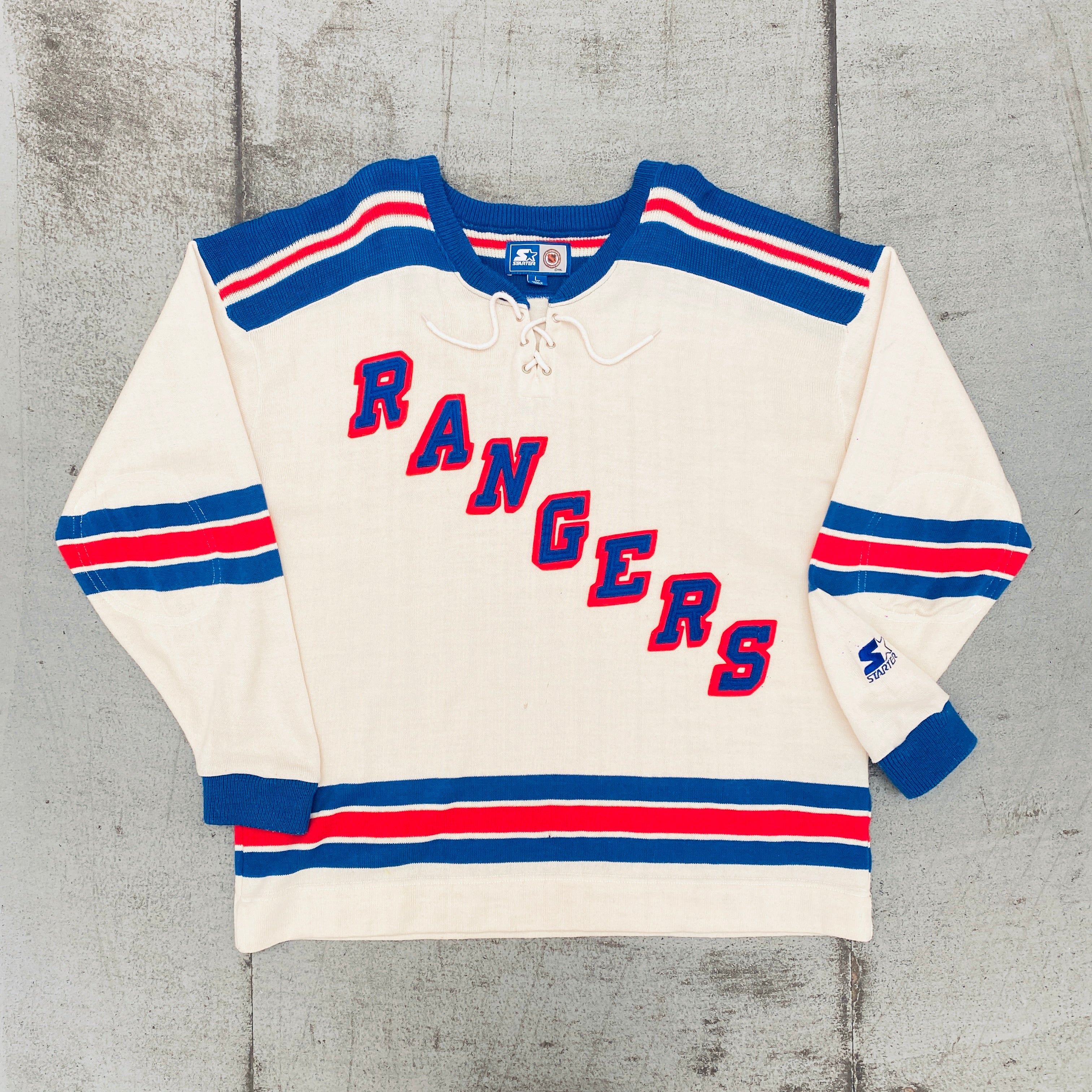 New York Rangers 1990s Vintage Knitted Jersey Starter Sweater - Authentic NHL Hockey Fan Apparel (L/XL) - Perfect for Game Day, Sports Bars & Retro Fashion
