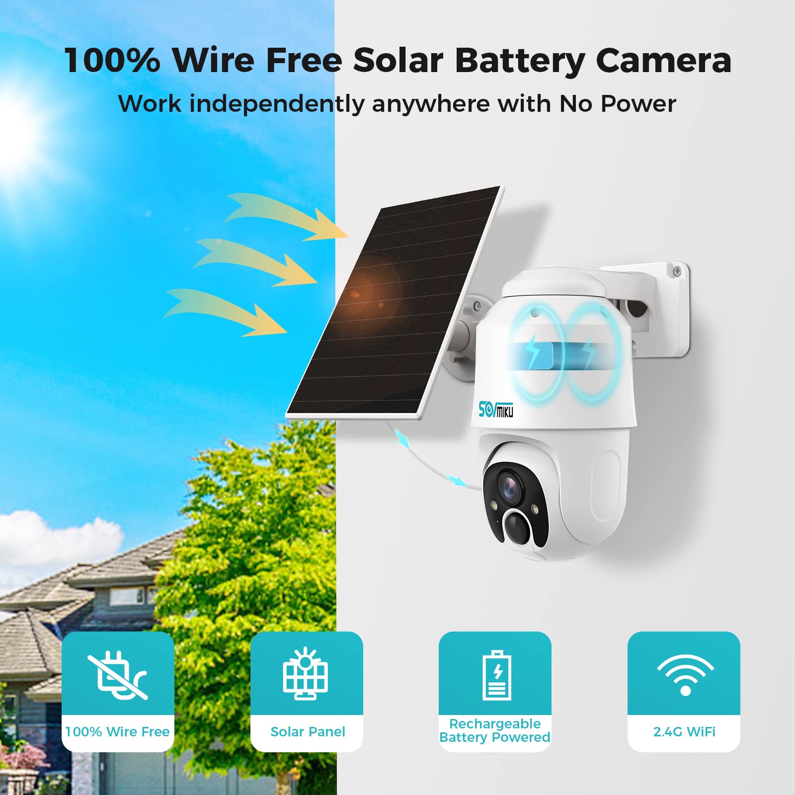 SOVMIKU 2A1 4MP Solar-Powered Wireless Outdoor Security Camera with 2-Year Free Cloud Storage, Two-Way Audio, Motion Detection, 360° Pan/Tilt, Color Night Vision & Alarm - Ideal for Home, Garage, Yard & Business Surveillance