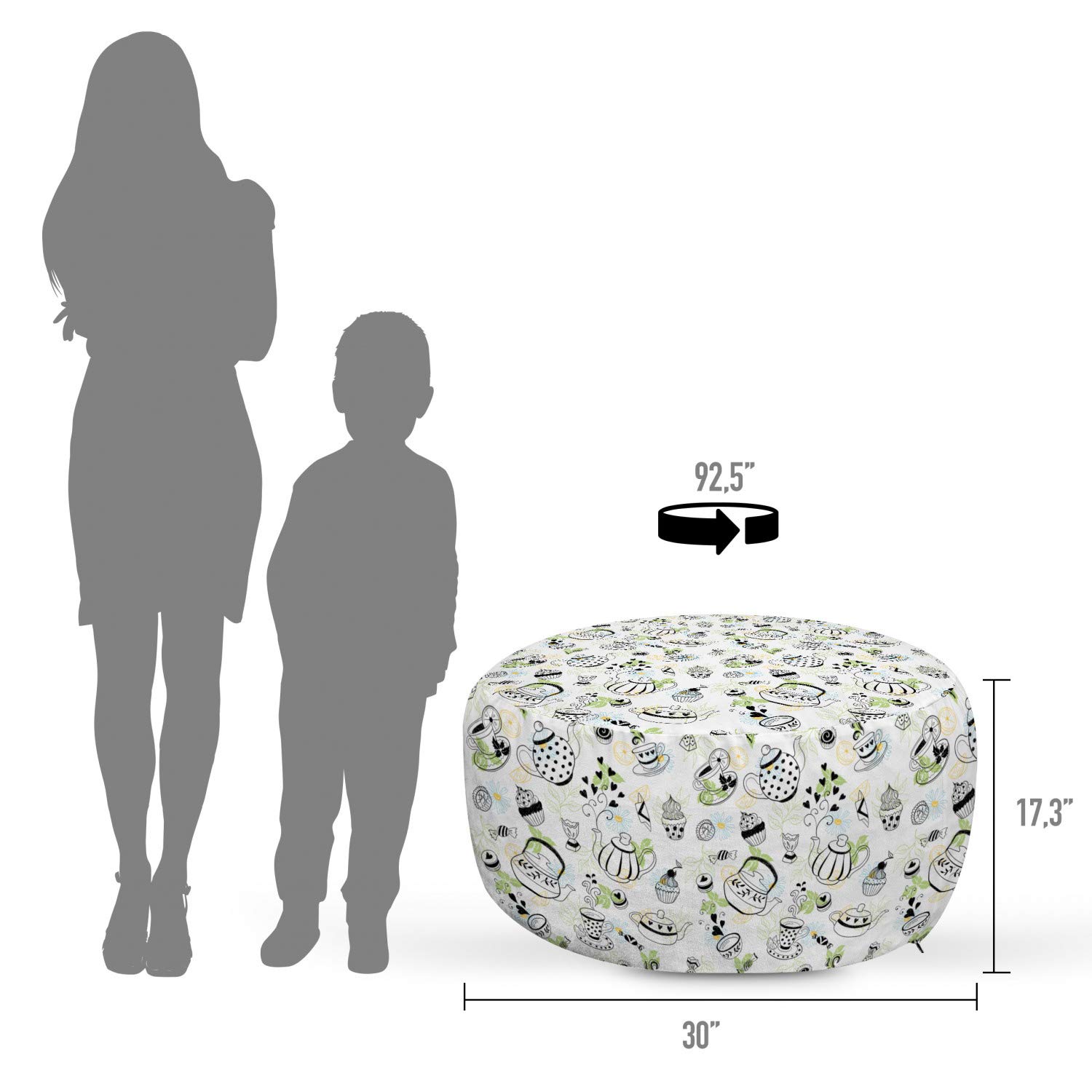 Ambesonne Tea Party Pouf Cover with Zipper - Hand Drawn Doodle Style Teapots, Cups, Hearts & Flowers Design - Soft Decorative Fabric Unstuffed Case - 30