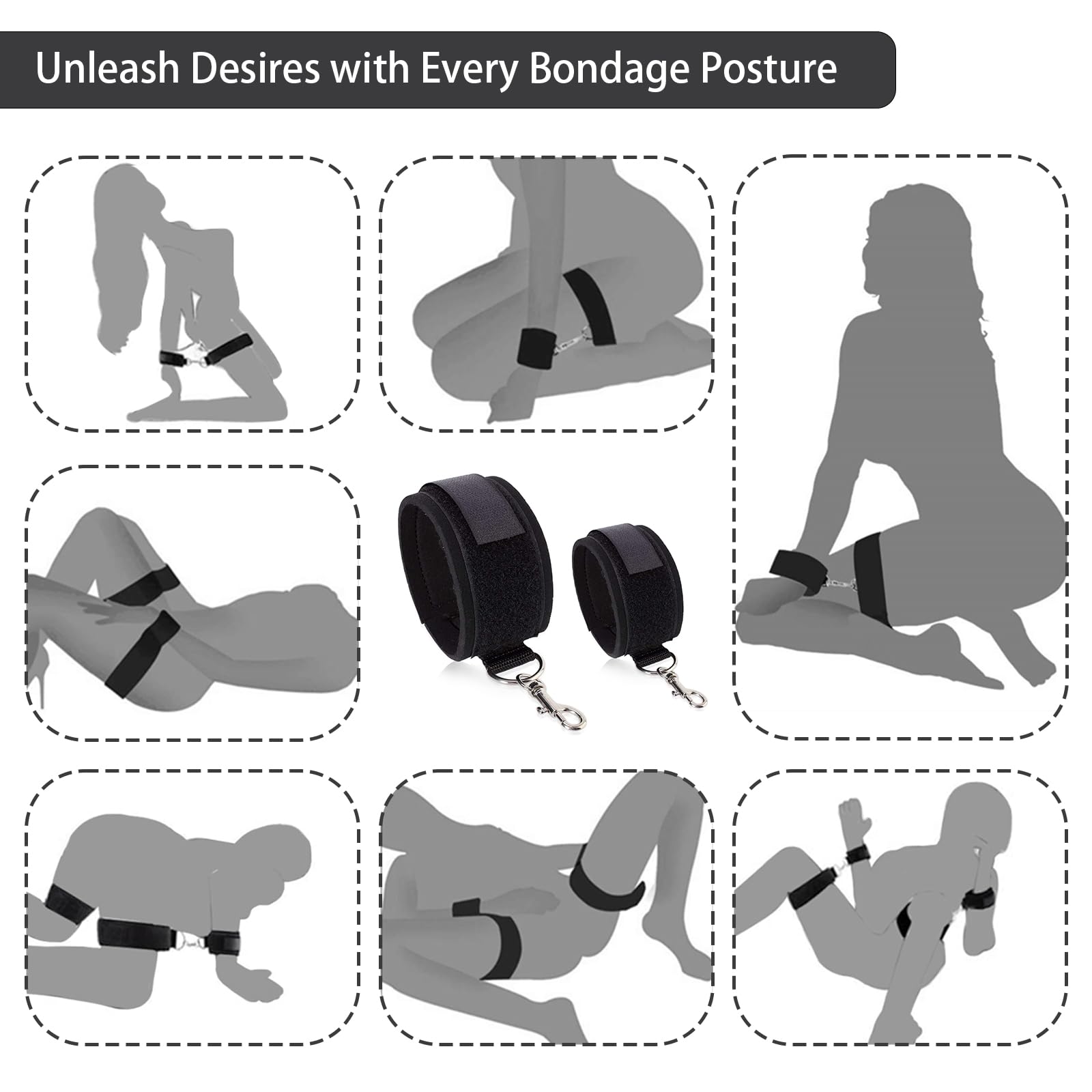 Adjustable Black Bondage Handcuffs Set for Couples - Soft Restraints with Ankle & Wrist Cuffs for BDSM Beginners | Perfect for Bedroom Play, Roleplay & Spicing Up Intimacy (Light Black)