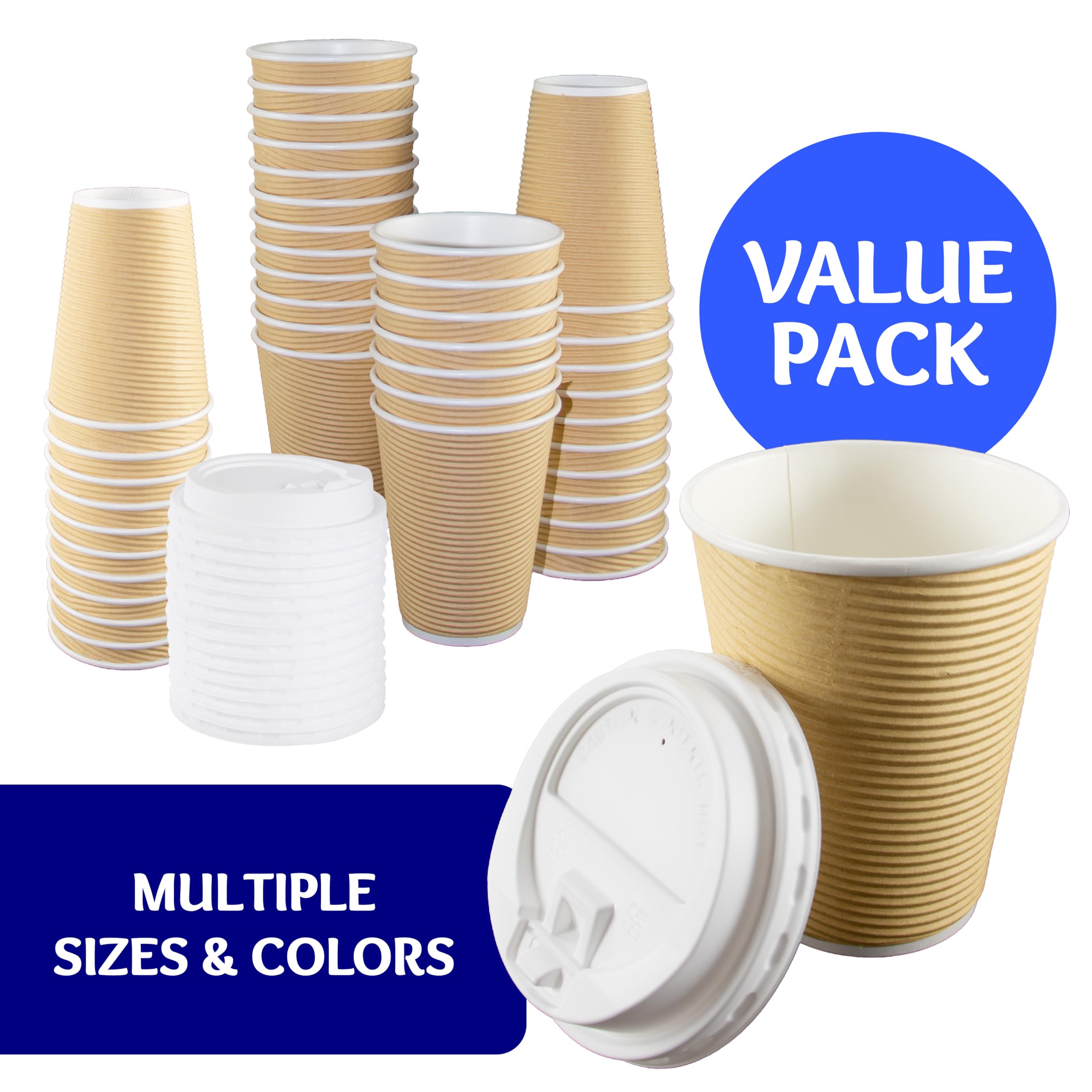 Nicole Home Collection 12 oz Double-Walled Insulated Ripple Paper Coffee Cups with Lids - Pack of 30, Tan - Hot Beverage Disposable Cups for Coffee, Tea, Hot Chocolate - Perfect for Office, Cafes, and Home Use