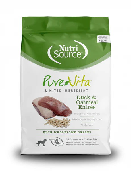 NutriSource Pure Vita Grain-Free Dry Dog Food for Adult Dogs - Duck & Oatmeal Recipe - High Protein, Digestive Health - Perfect for Active Dogs & Sensitive Stomachs