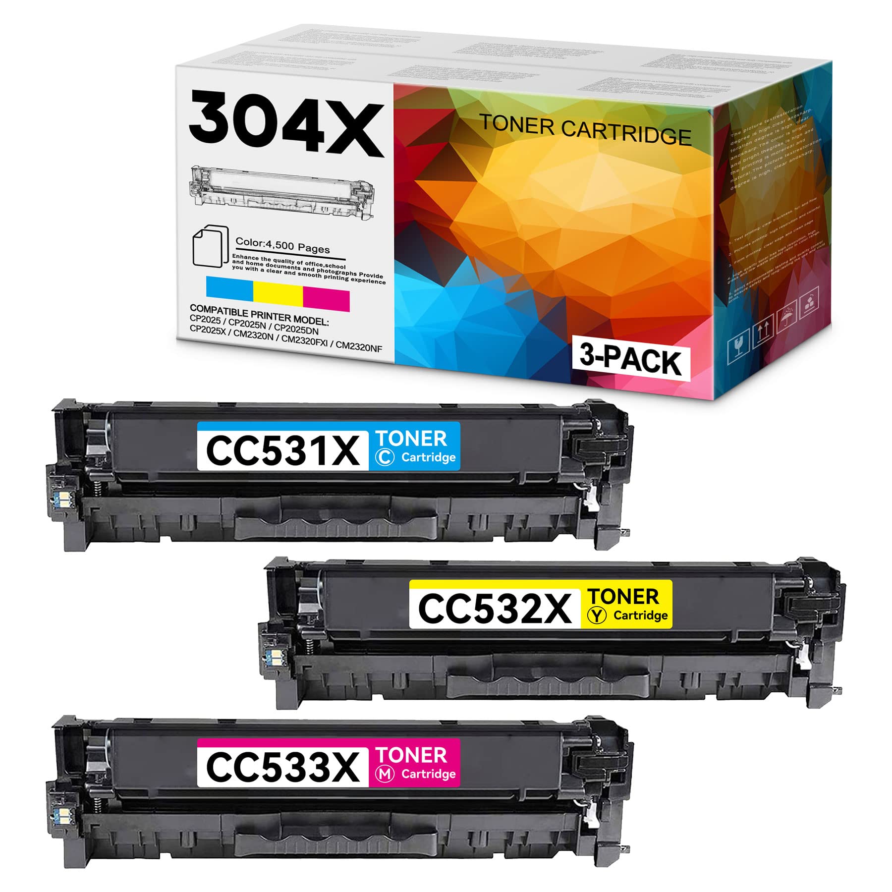 3-Pack High-Yield 304X/CC531X/CC532X/CC533X (Cyan+Magenta+Yellow) Toner Cartridges Replacement for HP CM2320n/CM2320fxi/CP2025 Series Printers - Compatible with Office & Home Printing Needs - BROMINETONER