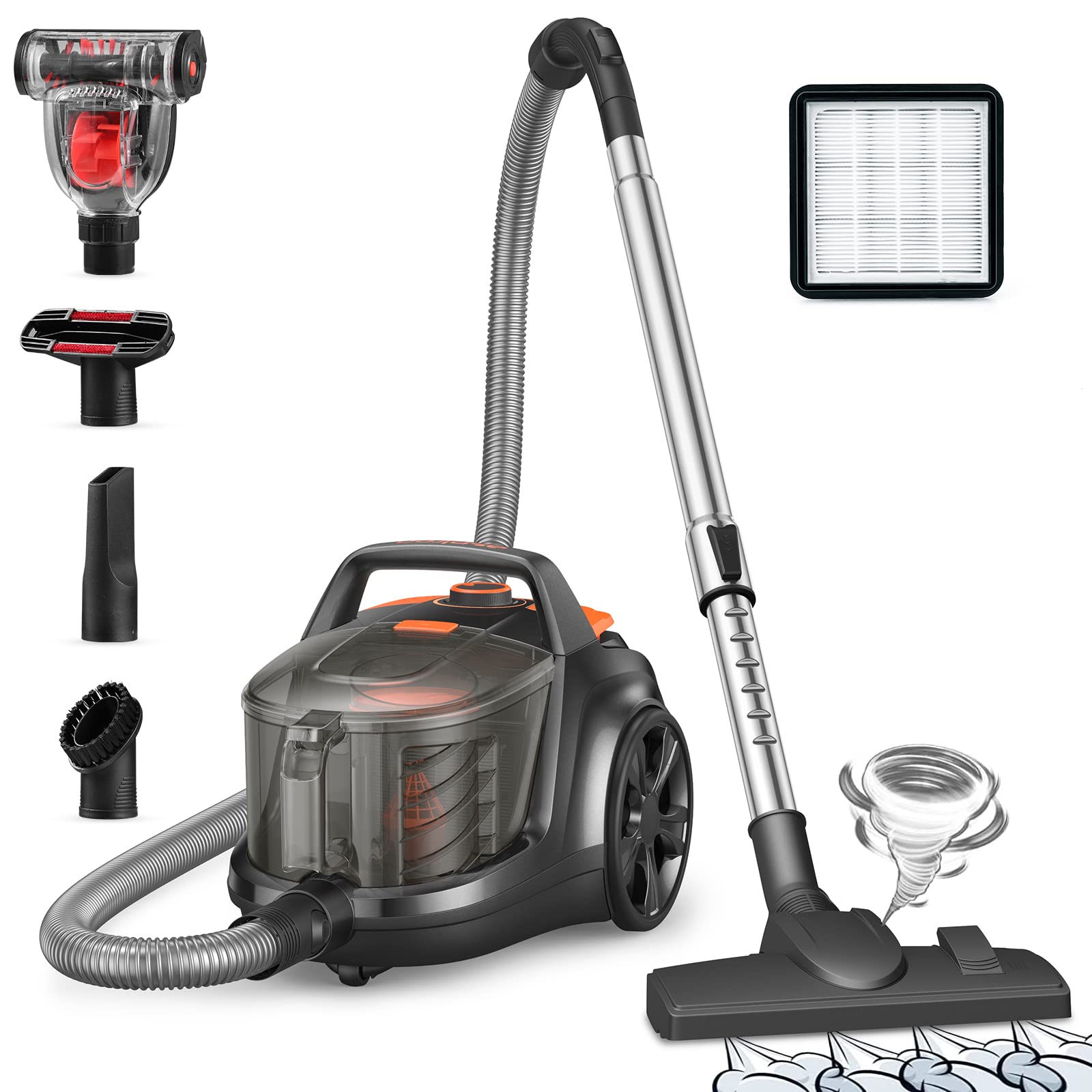 Aspiron Bagless Canister Vacuum Cleaner - Lightweight, 3.7QT Large Dust Cup, HEPA Filter, 5 Attachments & Auto Cord Rewind - Powerful Portable Vacuum for Hard Floors, Pet Hair, Car Cleaning - Ideal for Home, Office & Vehicle Maintenance