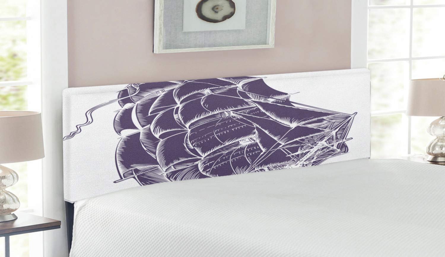 Ambesonne Nautical Queen Size Headboard - Vintage Sailboat Ocean Pirate Treasure Design with Memory Foam & Lavender Upholstery | Perfect for Coastal, Beach House or Nautical Theme Bedrooms