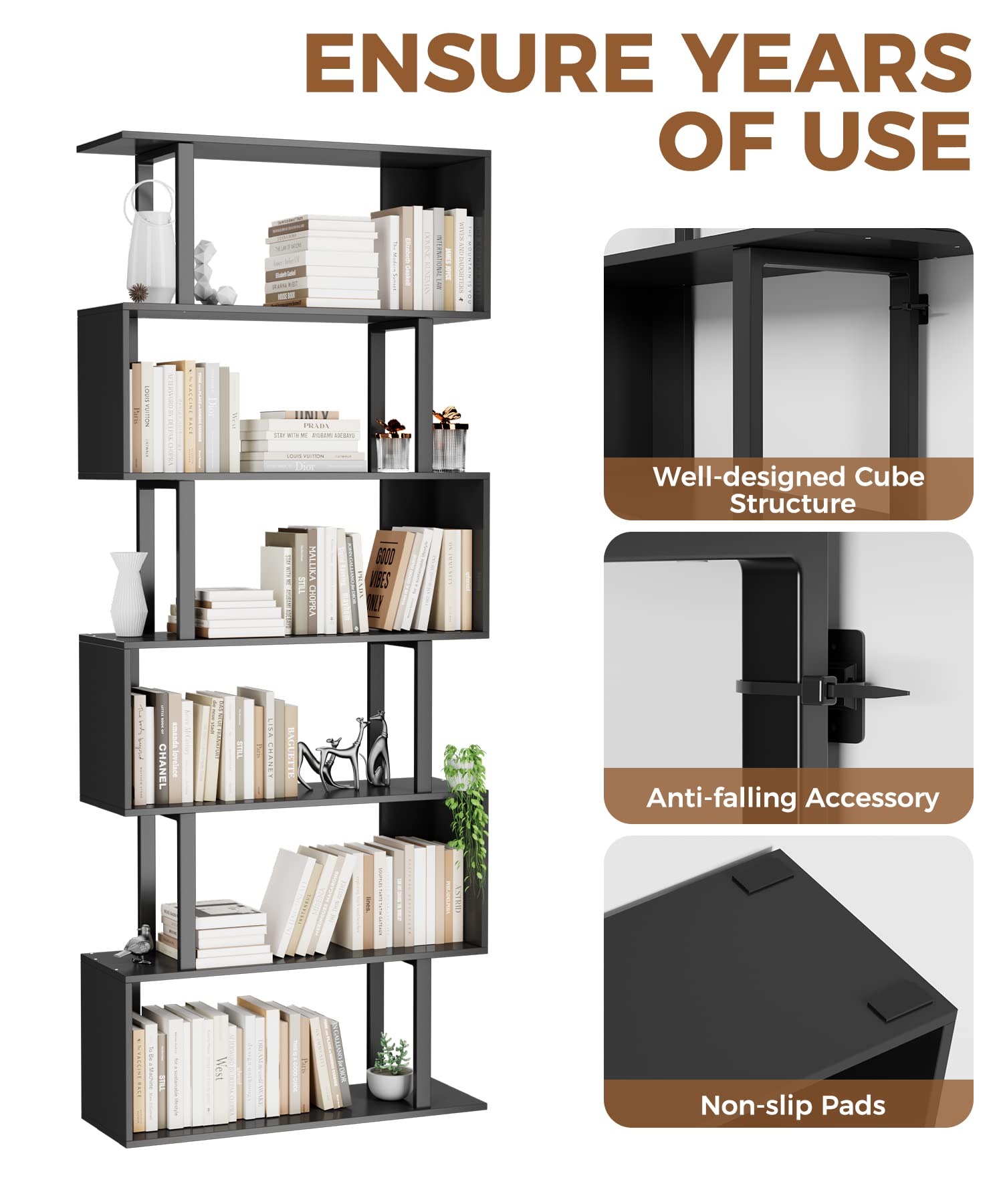 Gadroad 6-Tier Geometric Bookcase - Modern Black Wooden Bookshelf for Bedroom, Living Room & Home Office - Space-Saving Corner Storage Shelf for Books, Decor & Organizing Small Spaces