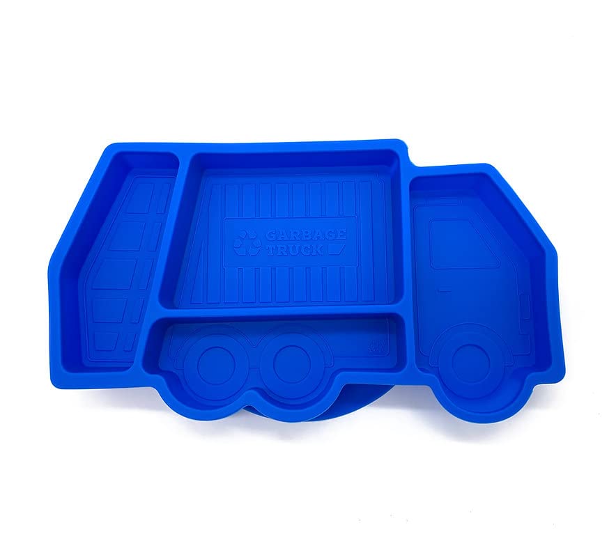 Durable Suction Plate for Kids - Non-Slip Toddler Dinnerware Set with Divided Sections | Construction-Themed Garbage Truck Design | Microwave & Dishwasher Safe | Perfect for Mealtime, Daycare & Travel (Blue)