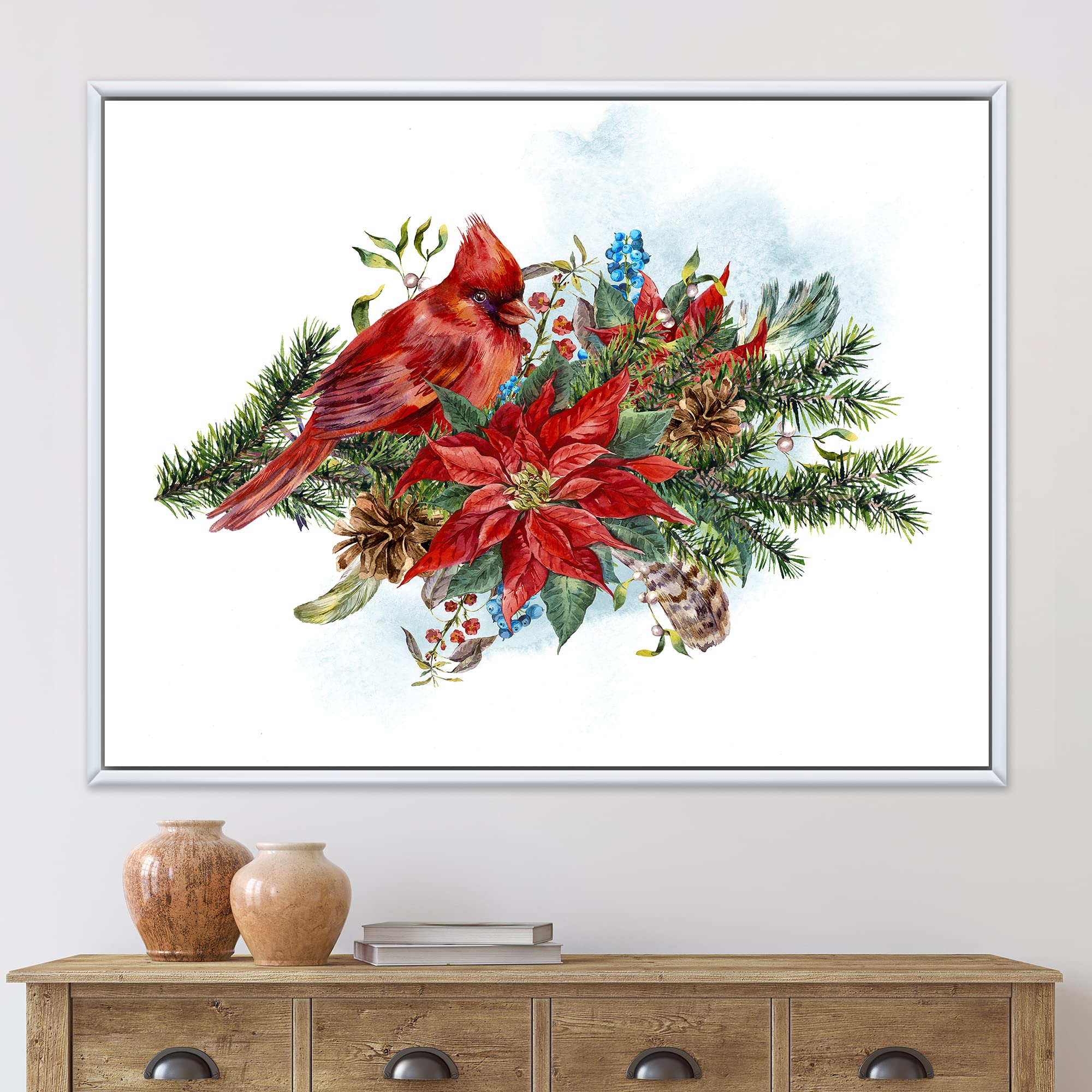 DesignQ Christmas Poinsettia and Red Cardinal Bird Framed Canvas Wall Art - Traditional Holiday Home Decor for Living Room, Bedroom & Office