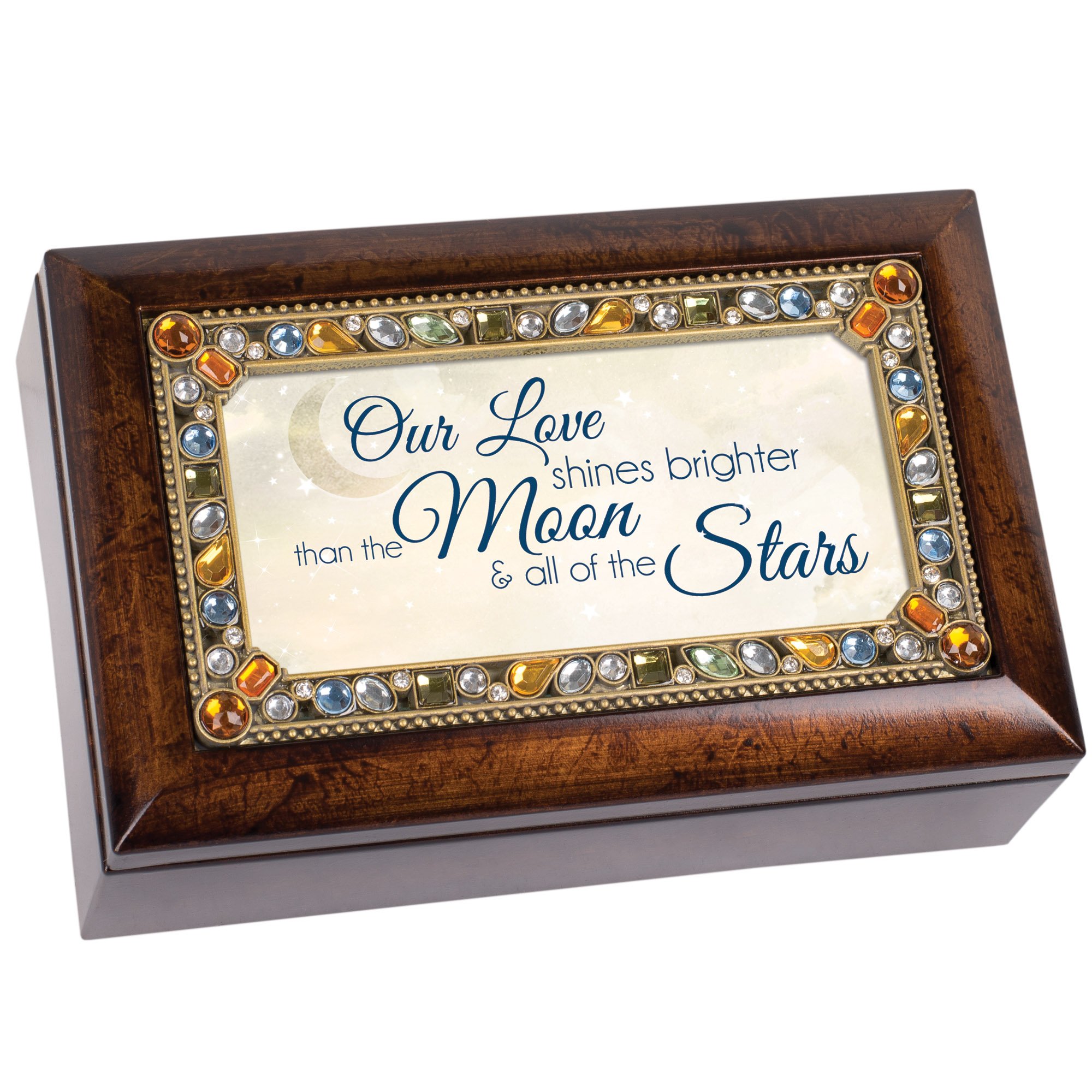 Romantic Cottage Garden 'Our Love Shines Brighter' Moon & Stars Wooden Jewelry Music Box - Plays 'You Light Up My Life' Song | Perfect for Anniversaries, Valentine's Day Gifts & Wedding Keepsakes