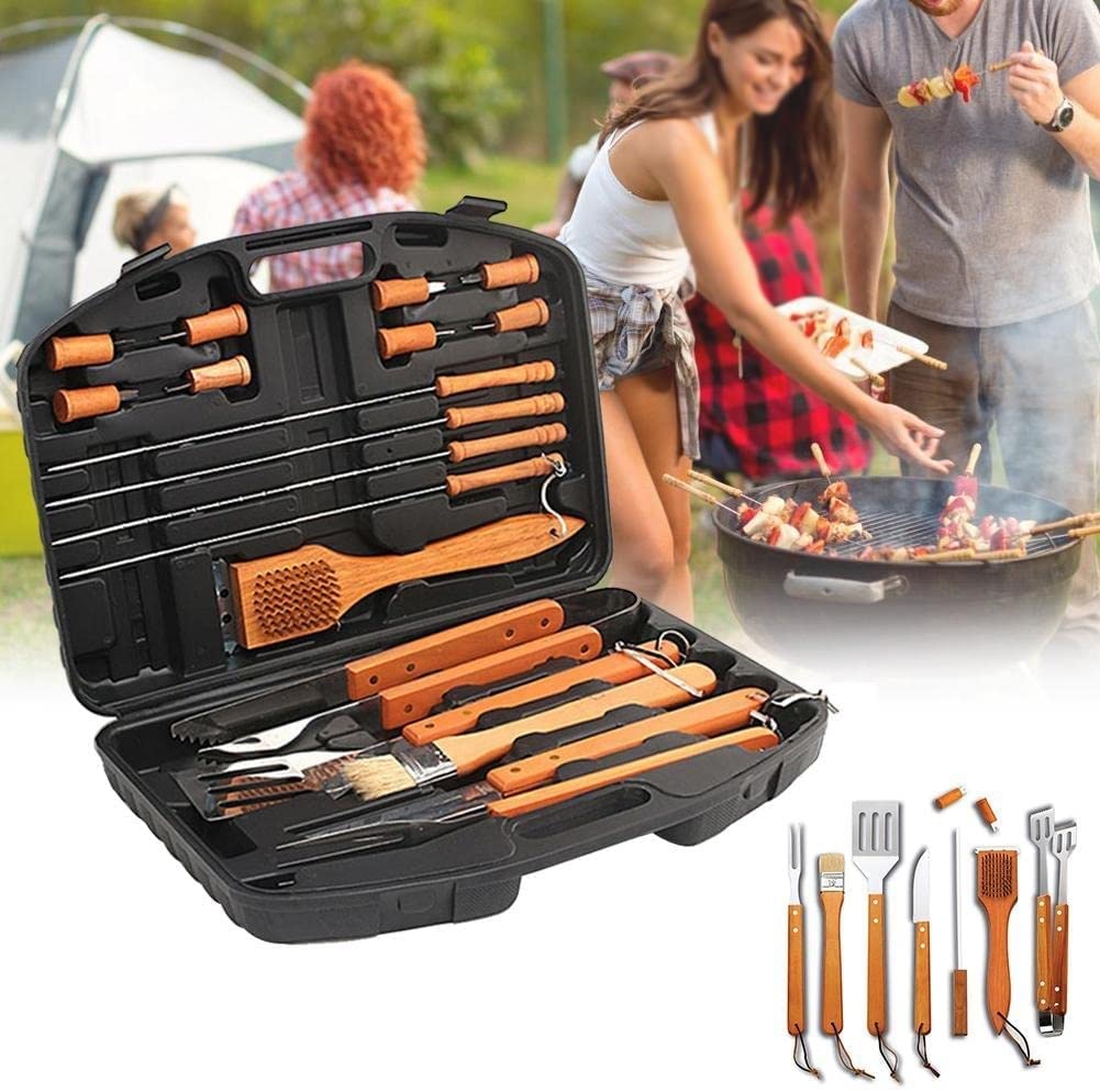 18-Piece Stainless Steel BBQ Grill Tool Set with Wooden Handle - Perfect Grilling Accessories for Men, Dad & Women - Great Christmas & Birthday Gift for Outdoor Cooking, Backyard BBQs & Camping Parties