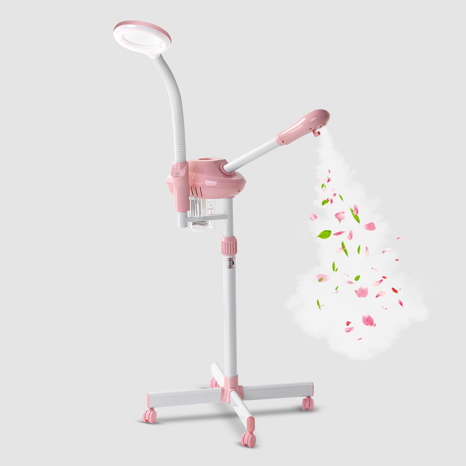 Professional 2-in-1 Ozone Facial Steamer with 5X Magnifying Lamp & Wheels - Adjustable Time Setting for Estheticians & Home Spa - Pink Beauty Salon Equipment for Deep Cleansing & Skin Hydration (Perfect for Facial Treatments, Acne Care & Relaxation Therapy)