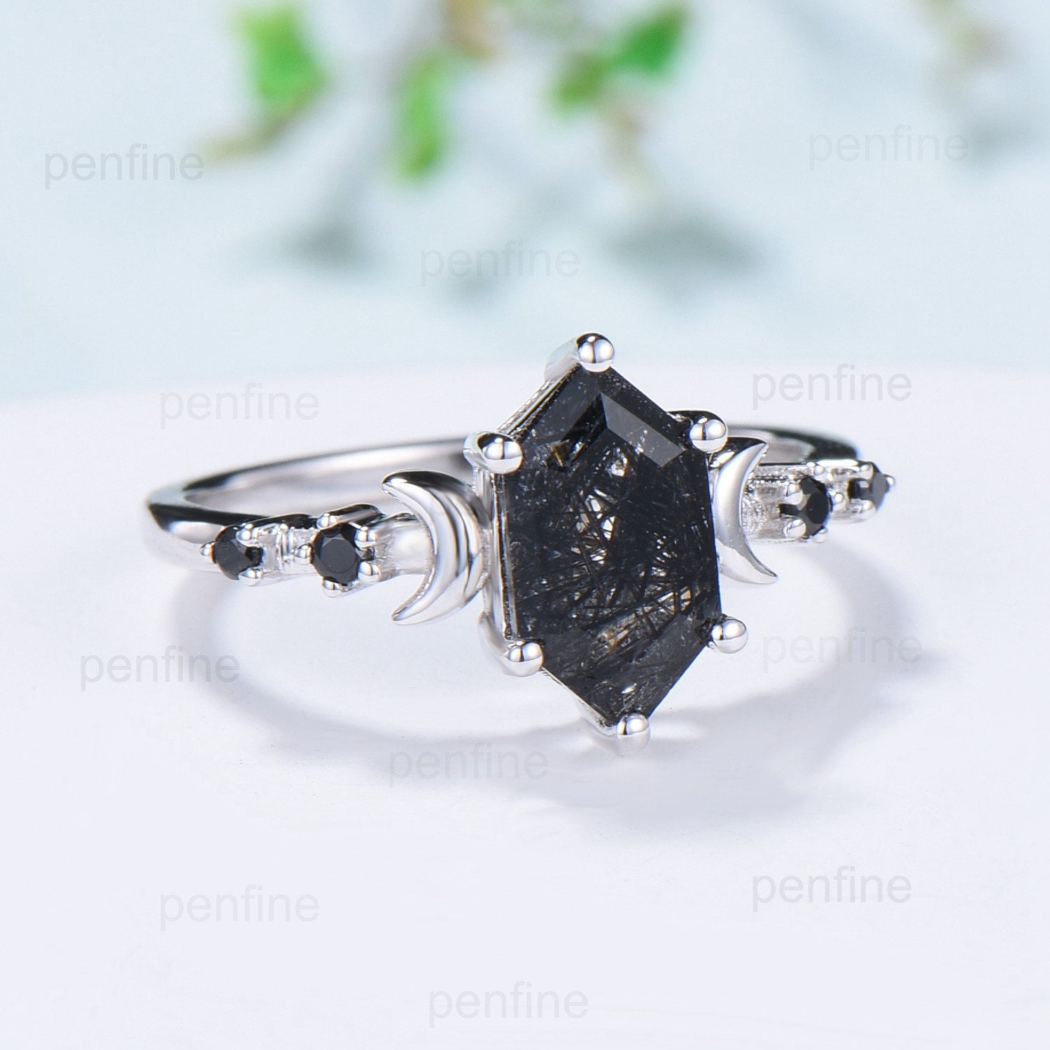 Black Rutilated Quartz Engagement Ring Set - Unique Hexagon Spinel Wedding Band for Women, Stackable Anniversary Ring for Her | Perfect for Proposals, Weddings, Stacking Jewelry Looks
