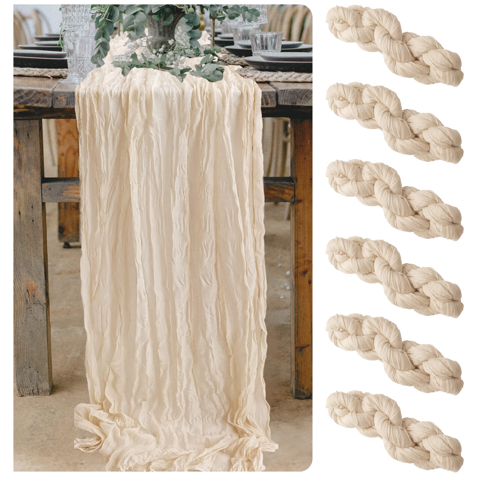 6-Piece Ivory Cheesecloth Table Runner Set - 10 Ft Gauze Tablecloth for Boho Rustic Wedding Arch, Baby Shower, Bridal Party & Easter Picnic Decor - Perfect for Farmhouse, Vintage & Outdoor Dining Table Settings