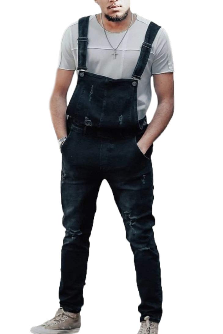 Huixin Men's Denim Overalls - Ripped Bib Jeans Slim Fitted Jumpsuit with Pockets (Black) | Casual Workwear & Street Style Outfit