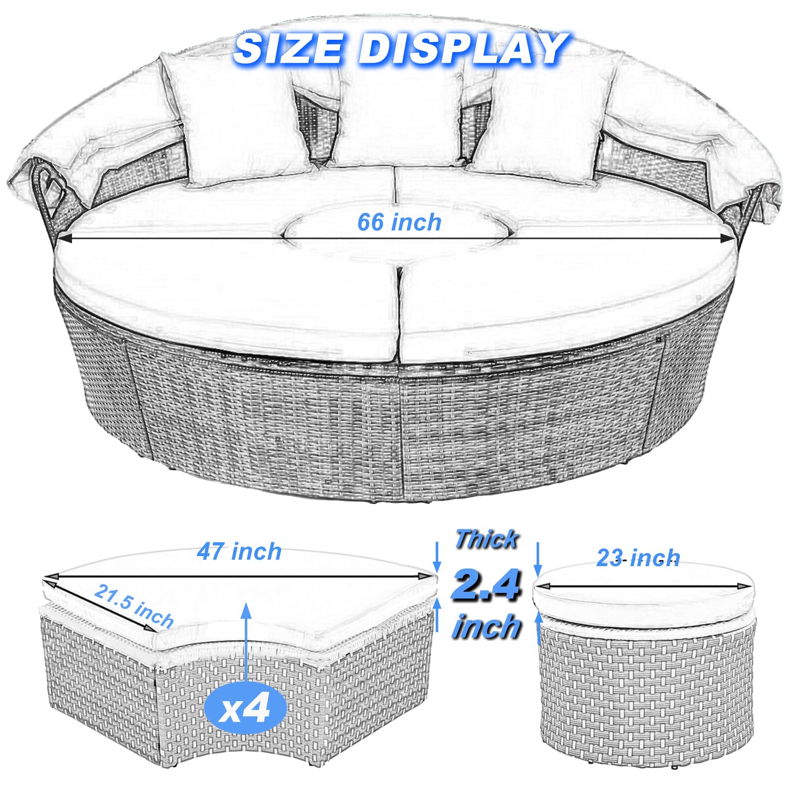 5-Piece Waterproof Round Daybed Cushion Cover with Zipper - 66 x 66 x 2.4 Inch Outdoor Replacement Patio Sunbed Mattress Cover for Rattan Sectional Sofa (Orange) - Perfect for Poolside Lounging, Garden Relaxation & Patio Furniture Protection