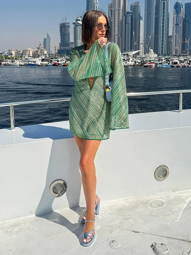 Elegant Shiny Green Mini Dress for Women - Deep V Neck, Metal Ring Details, Long Sleeve Summer Party Dress | Perfect for Holiday, Vacation & Night Out