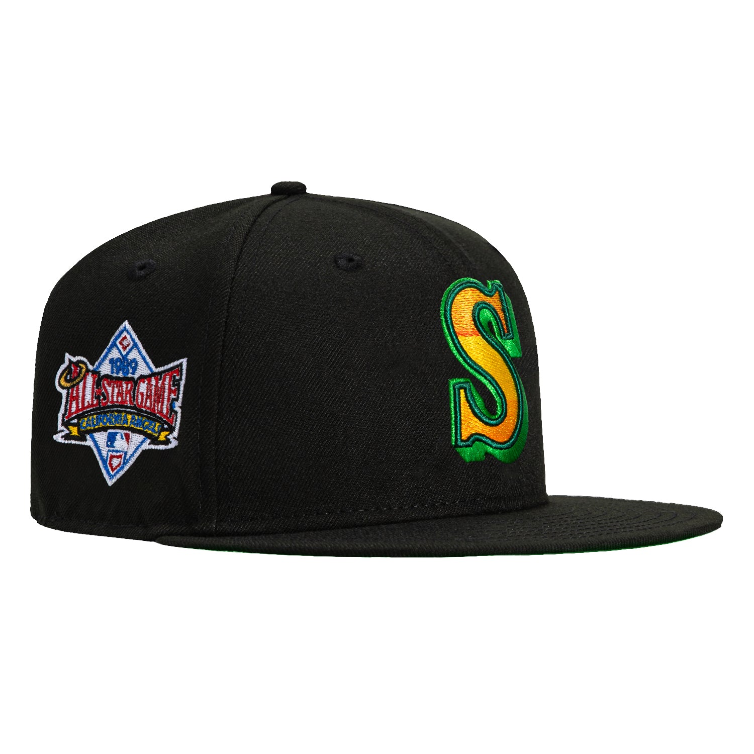 New Era 59Fifty Seattle Mariners 1989 All Star Game Patch Gradient Snapback Hat - Black, Light Orange & Green | Vintage Baseball Cap for Men & Women | Perfect for MLB Games, Sports Events & Casual Outfits