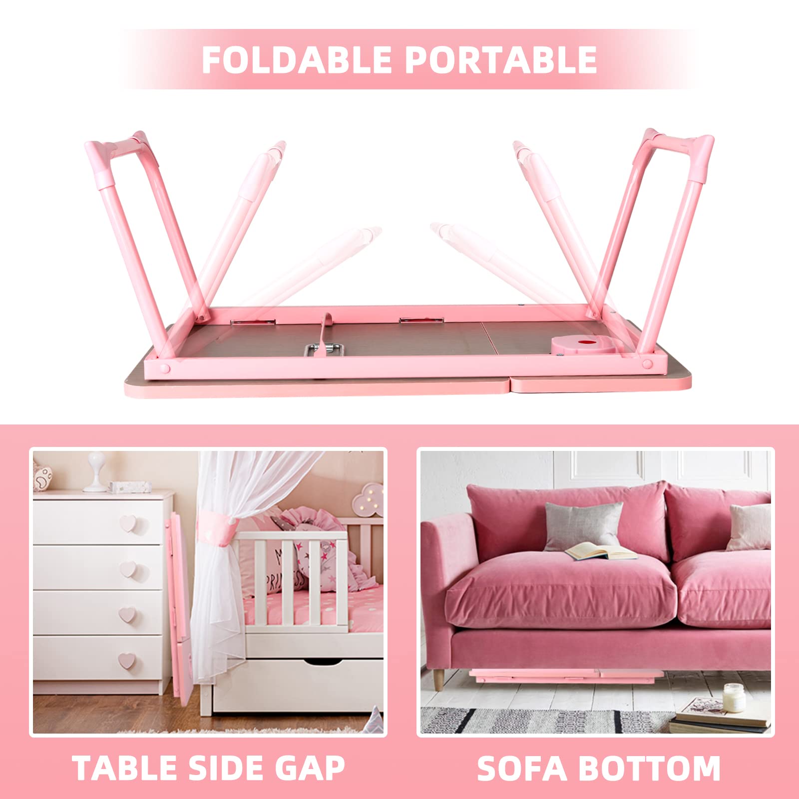 Pink Folding Laptop Desk for Bed & Couch - Adjustable Lap Desk with Cup Holder for Home Office, Breakfast Tray, Watching Movies - Portable Workstation for Comfortable Computing in Bed or Sofa