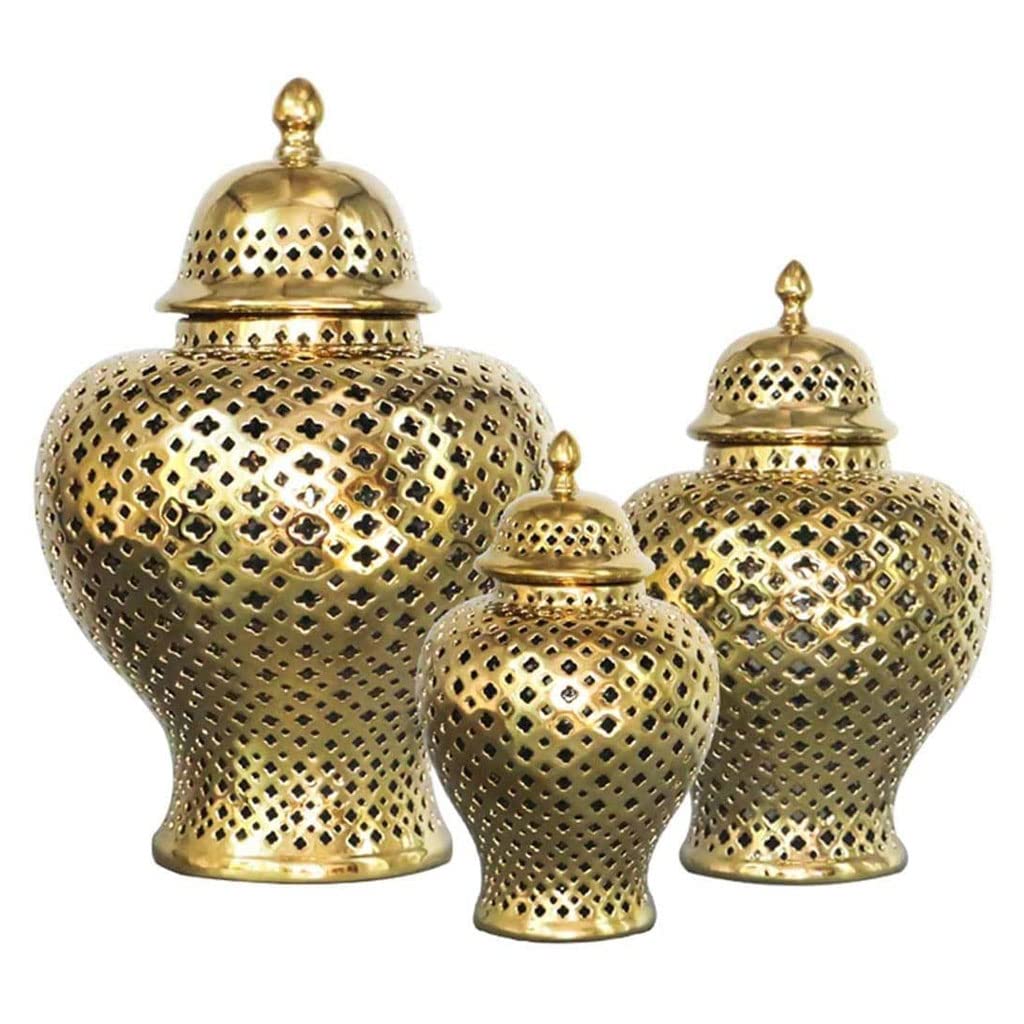 ARTLINE Traditional Pierced Ginger Jar with Lid - Handcrafted Ceramic Gold Temple Jar with Carved Lattice Design for Home Decor | Perfect for Living Room, Bedroom & Office Decoration
