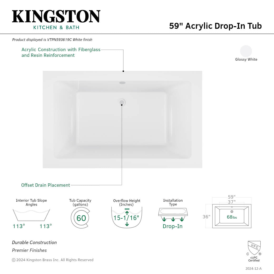 Aqua Eden 59-Inch Acrylic Rectangular Drop-In Bathtub with Reversible Drain - Glossy White - Perfect for Modern Bathroom Renovations and Spa-Like Relaxation