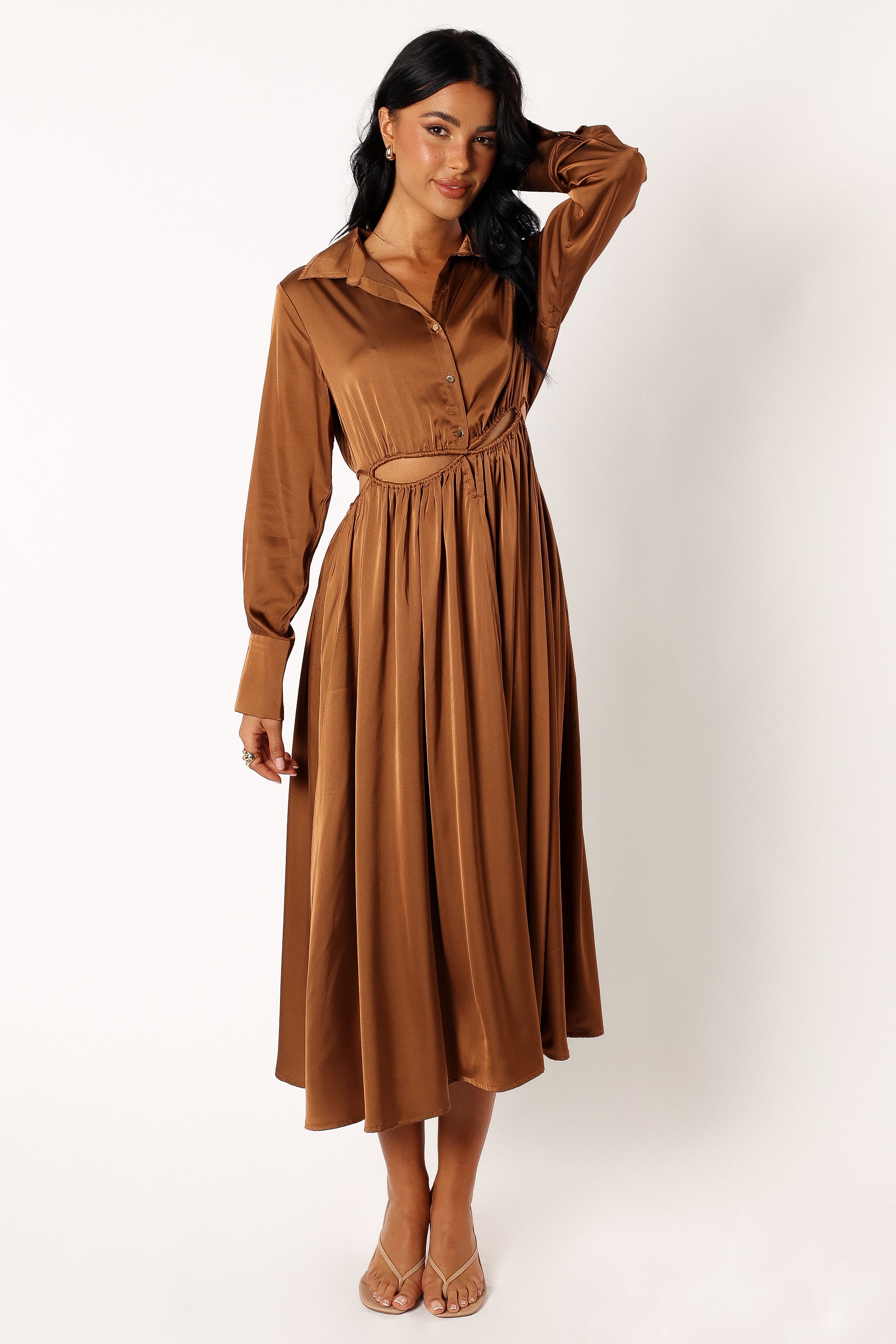 Elegant Jett Long Sleeve Midi Dress in Bronze - Perfect for Fall & Winter Fashion, Office Wear, and Special Occasions