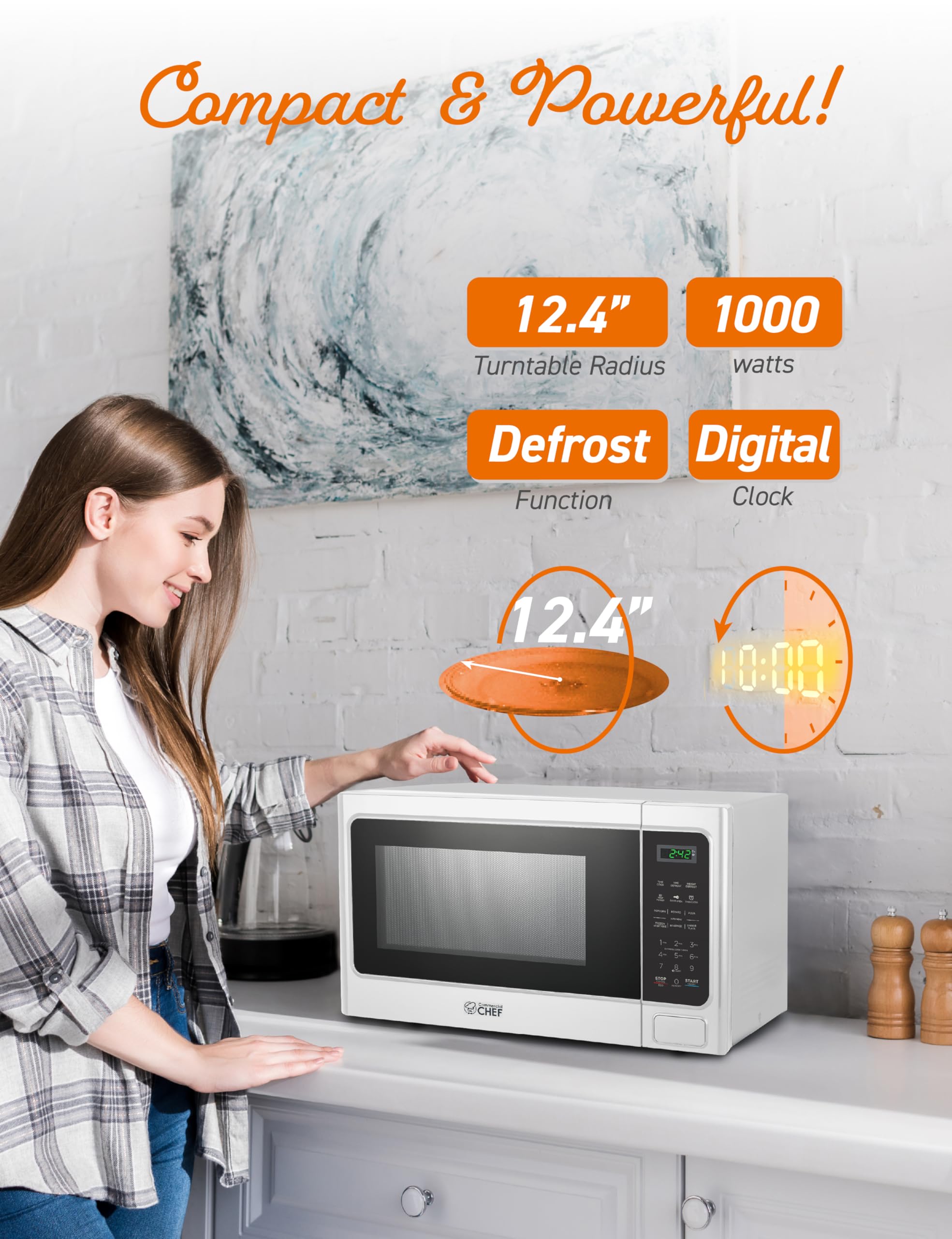 Commercial Chef 1.3 Cu Ft 1000W Countertop Microwave with 10 Power Levels, Push Button Door Lock, Digital Controls & Timer - Perfect for Home Kitchen, Office, Dorm Rooms & Small Spaces (White)