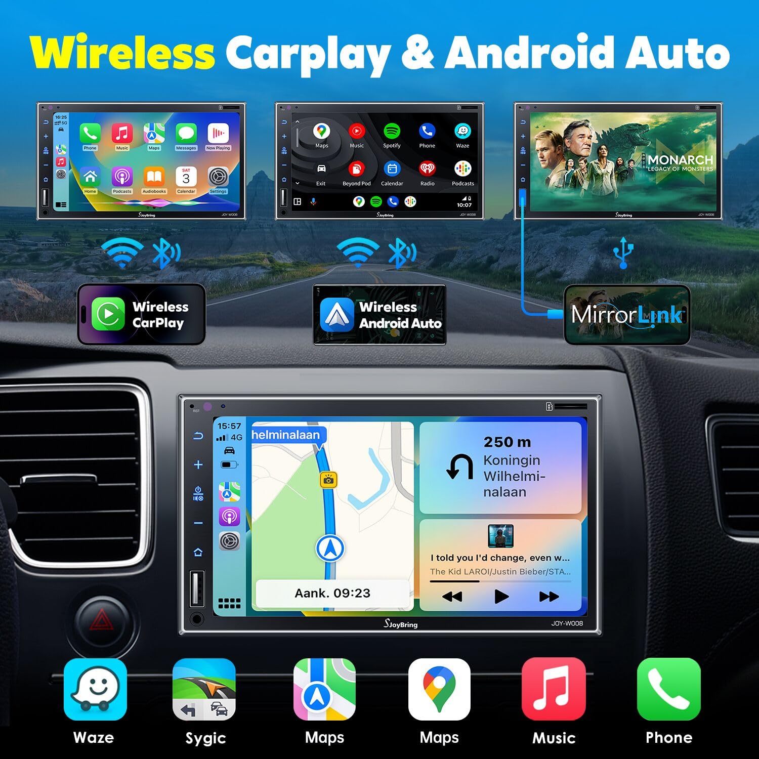 7 Inch Double Din Car Stereo with Wireless Apple CarPlay & Android Auto - Bluetooth, 4-Channel RCA, HD Touchscreen, Subwoofer Output, Backup Camera, Steering Wheel Control - Perfect for Upgrading Your Toyota, Honda, Ford, Chevy & More (FM/AM Radio Included)