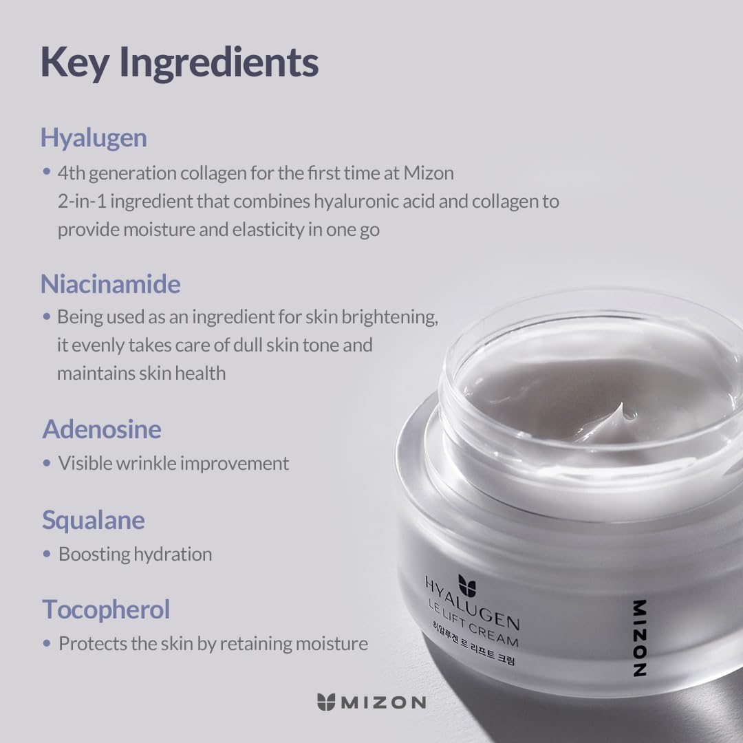 MIZON Hyalugen Le Lift Cream with Hyaluronic Acid & Marine Collagen - Deep Hydration Anti-Aging Face Moisturizer for Youthful Skin - Korean Skincare for Dry, Sensitive Skin - 1.69 oz - Perfect for Night Routine & Daily Hydration
