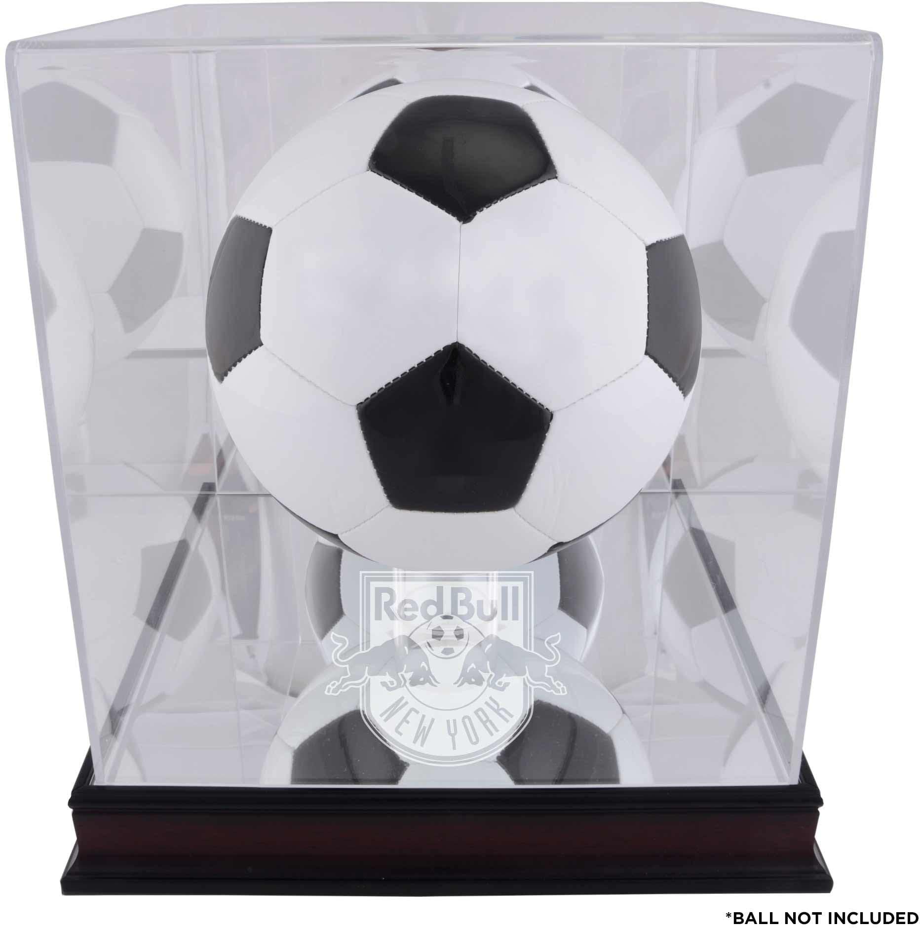 New York Bulls Mahogany Soccer Ball Display Case with Team Logo - Premium Wooden Football Trophy Case for Collectors & Fans - Perfect for Home, Office, or Sports Memorabilia Display