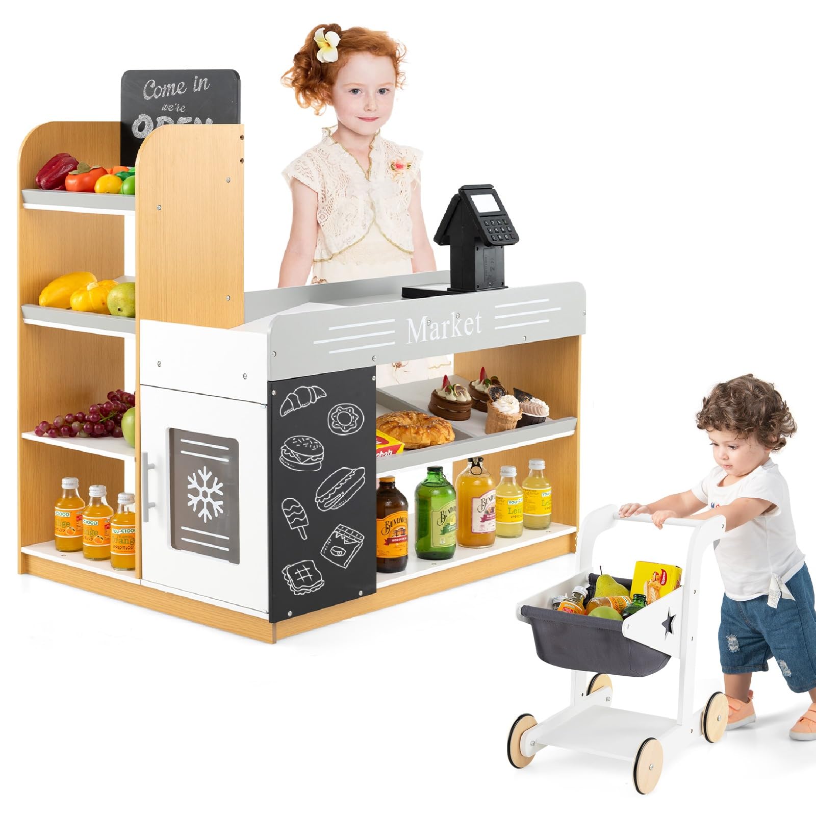Costzon Wooden Pretend Play Grocery Store with Shopping Cart, Refrigerator & Chalkboard - Kids Supermarket Playset for Toddlers Ages 3+ | Pretend Shopping, Role Play & Early Learning Toy for Boys & Girls | Perfect for Home, Preschool & Daycare Playrooms