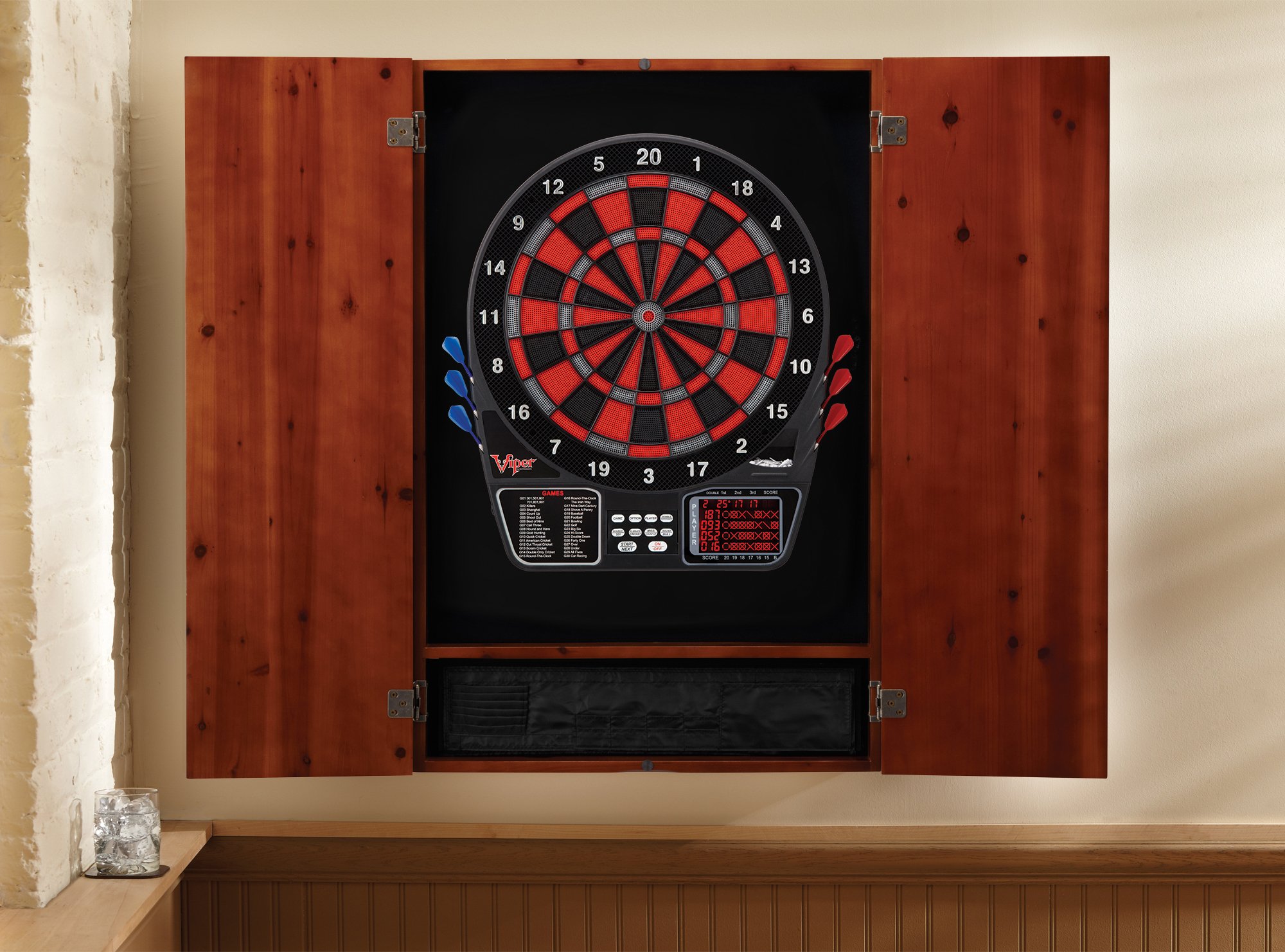 Premium Viper Metropolitan Solid Wood Dartboard Cabinet with Electronic Dartboard - Ready-to-Play Bundle Includes 2 Sets of Soft-Tip Darts & Integrated Storage - Multiple Stain Options - Perfect for Game Rooms, Bars, and Home Entertainment