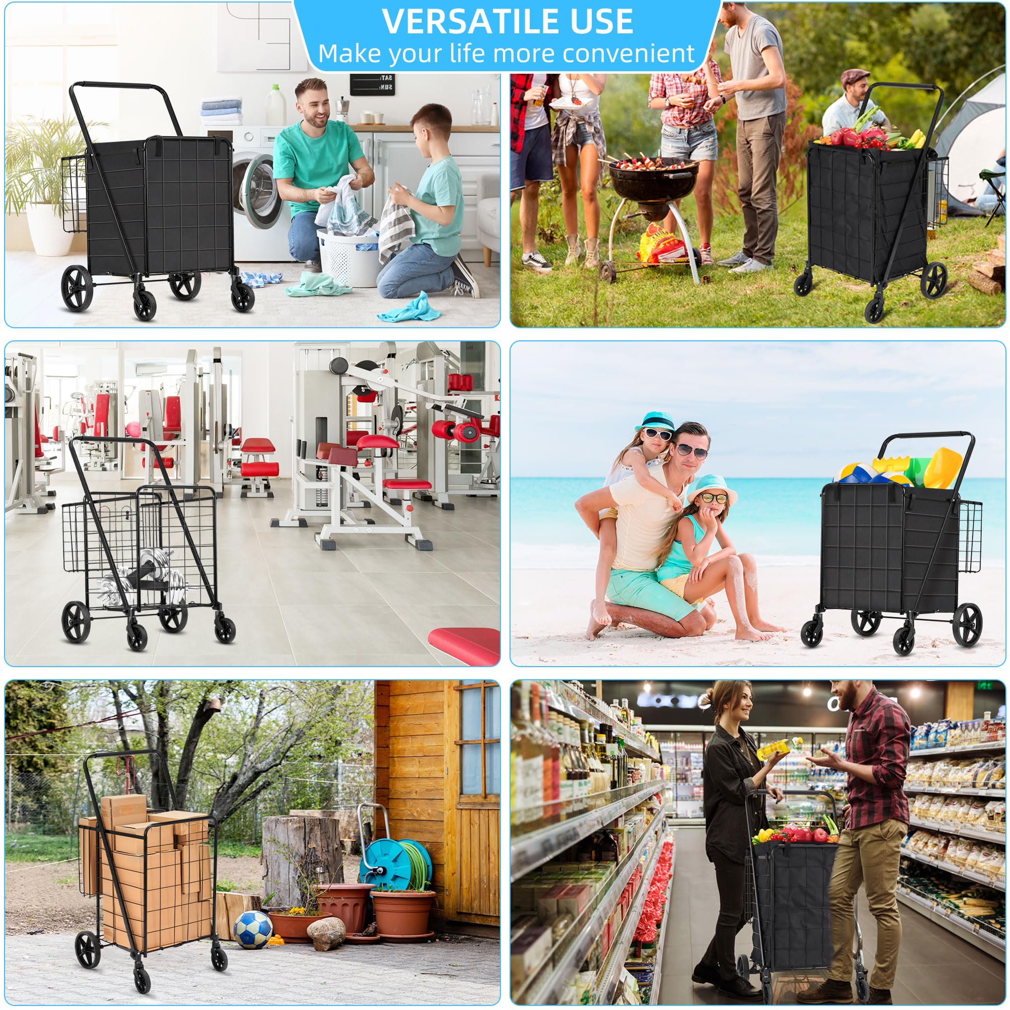 Foldable Heavy Duty Grocery Cart with Removable Liner - 360° Rolling Wheels & 220lb Capacity - Lightweight Shopping Trolley for Seniors & Laundry - Perfect for Grocery Shopping, Market Trips & Home Organization (Black)