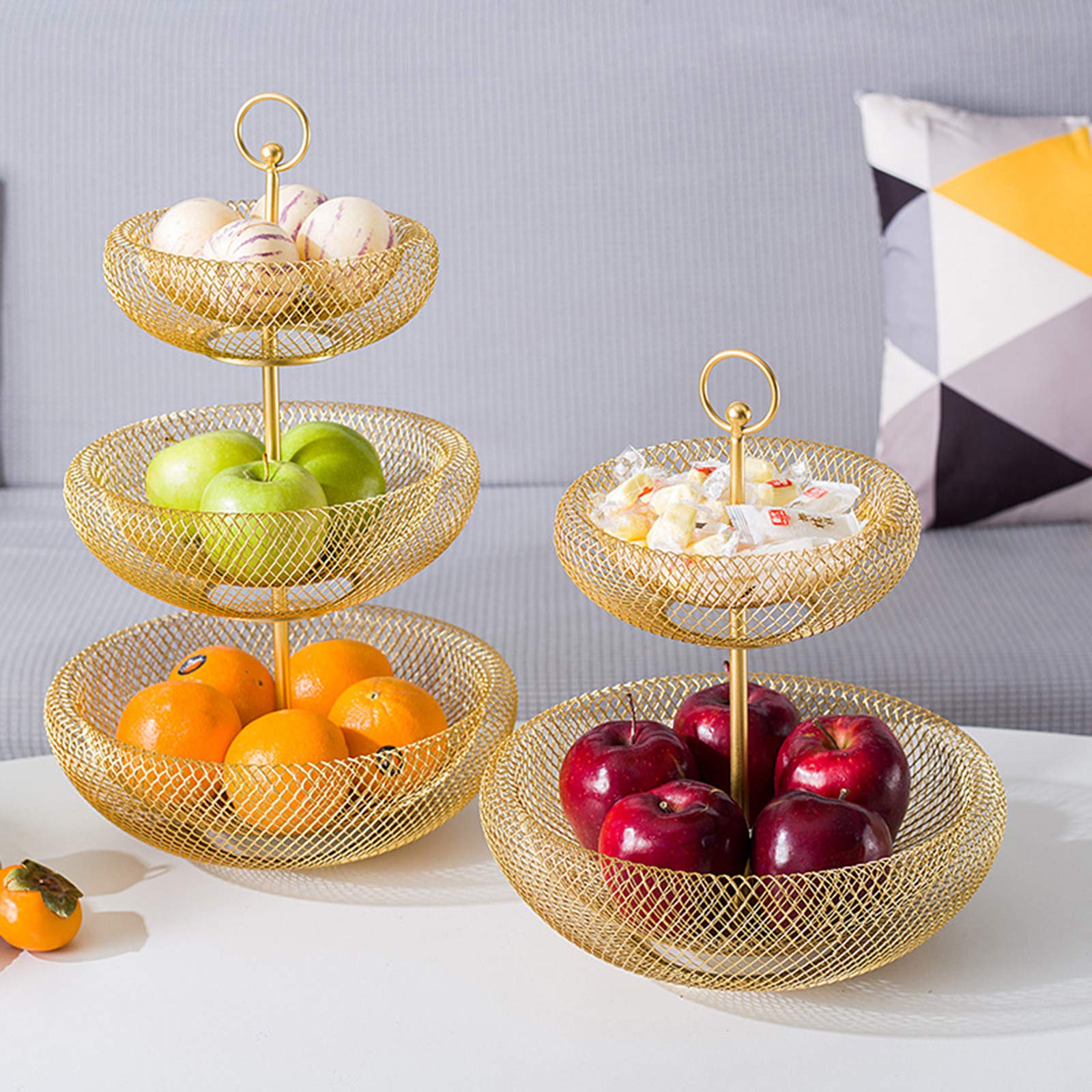 2-Tier & 3-Tier Gold Metal Wire Fruit Basket - Modern Nordic Style Countertop Organizer for Fruits, Vegetables & Bread - Perfect for Kitchen Counter, Dining Table & Pantry Storage