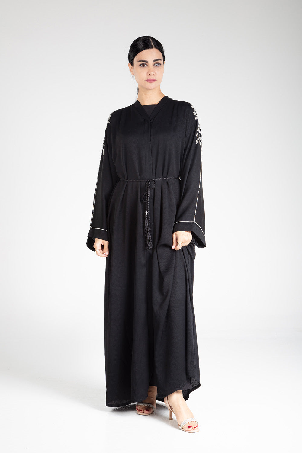 Elegant Black Floral Open Abaya for Women - Modest Muslim Prayer Dress, Evening Wear & Special Occasions
