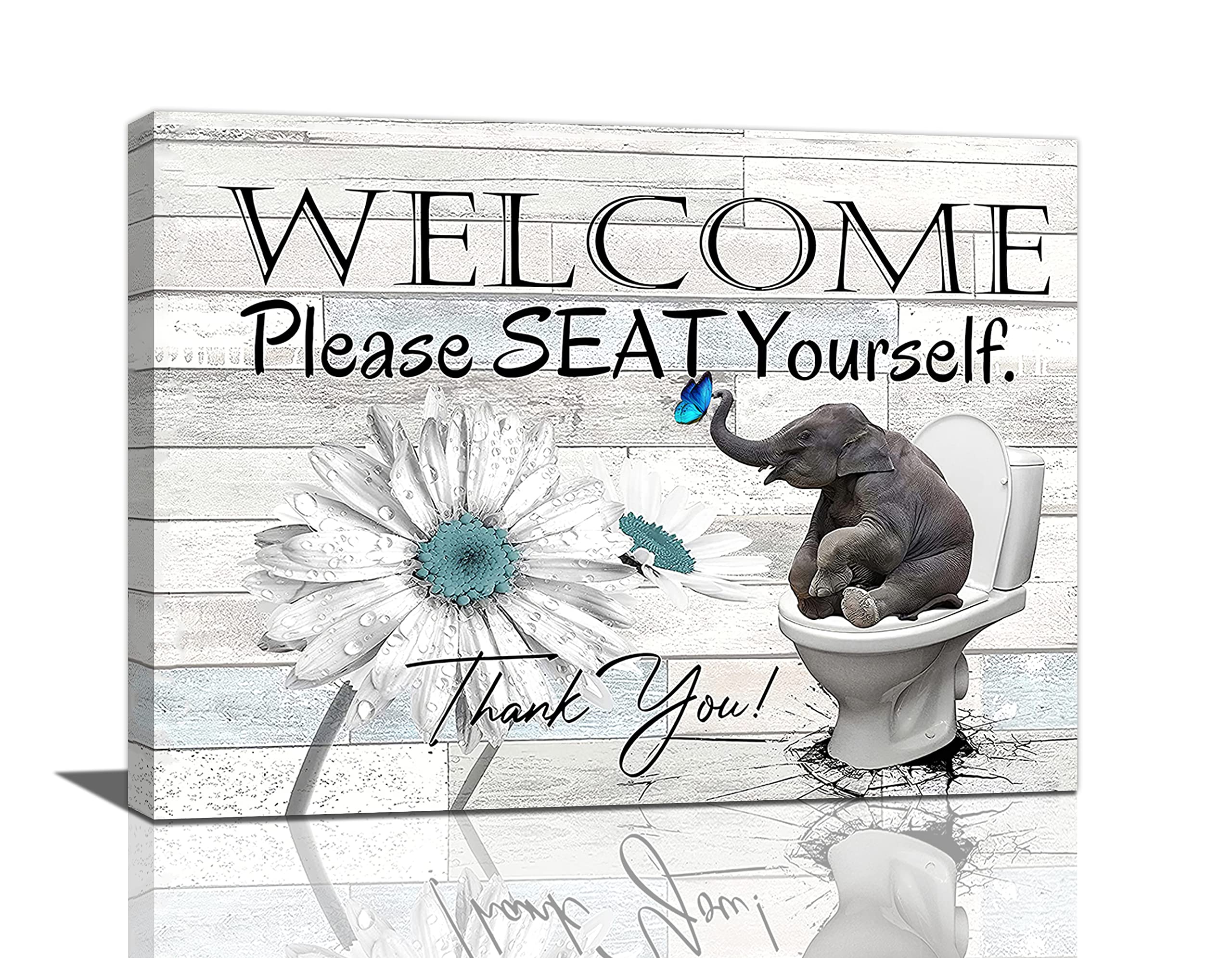 Elephant Bathroom Wall Art Canvas - Sunflower Elephant Sitting on Toilet Decor Painting Print, Framed Bathroom Sign 20