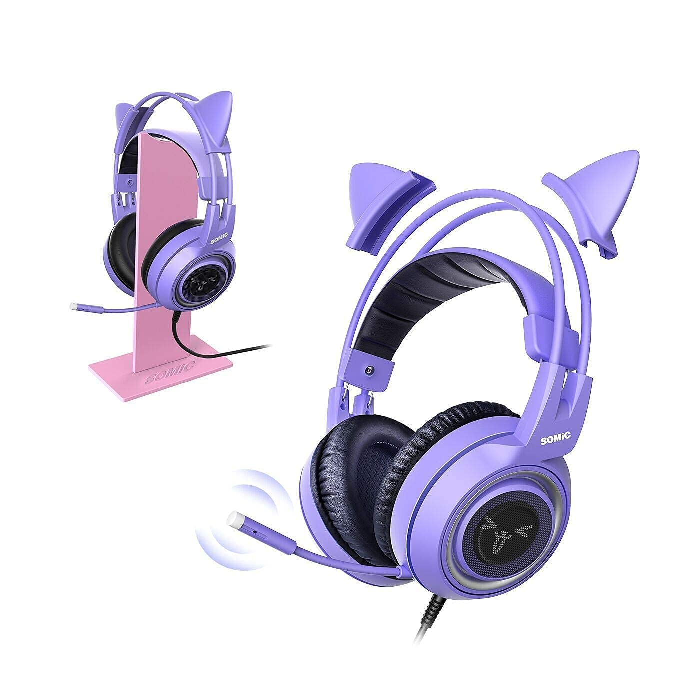 SOMIC G951S Purple Cat Ear Gaming Headset with Detachable 3.5mm Mic - Pink Headphone Stand for PS5, PS4, Xbox One, PC & Mobile - Perfect for Live Streaming, Esports & Late-Night Gaming Sessions